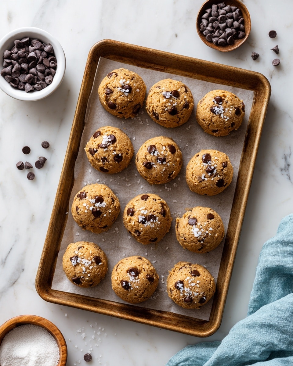 The image shows twelve large, round cookie dough balls arranged in four rows on a baking tray lined with parchment paper. Each dough ball is light brown with a rough, chunky texture and is topped generously with small dark brown chocolate chips and a few flakes of coarse white salt. Around the tray, some chocolate chips are scattered on the white marbled surface. At the top left corner, there is a white bowl filled with more chocolate chips, and to the left side, a small wooden bowl containing a white powdery ingredient is visible. The bottom right corner shows a light blue fabric partially draped on the white marbled surface. Photo taken with an iphone --ar 4:5 --v 7
