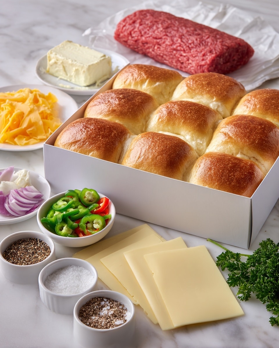 A white box filled with twelve soft golden brown Hawaiian rolls is placed on a white marbled surface. In front of the box, there are slices of pale yellow provolone cheese laid out in a neat row. Next to the cheese, a white bowl holds colorful frozen peppers and onions in green, red, and purple shades. Nearby, a wrapped log of red ground beef . A stick of white butter and fresh green parsley rest behind the rolls. In the foreground, three small white bowls contain brown sesame seeds, a mix of black pepper and white seasoning, and garlic salt. photo taken with an iphone --ar 4:5 --v 7