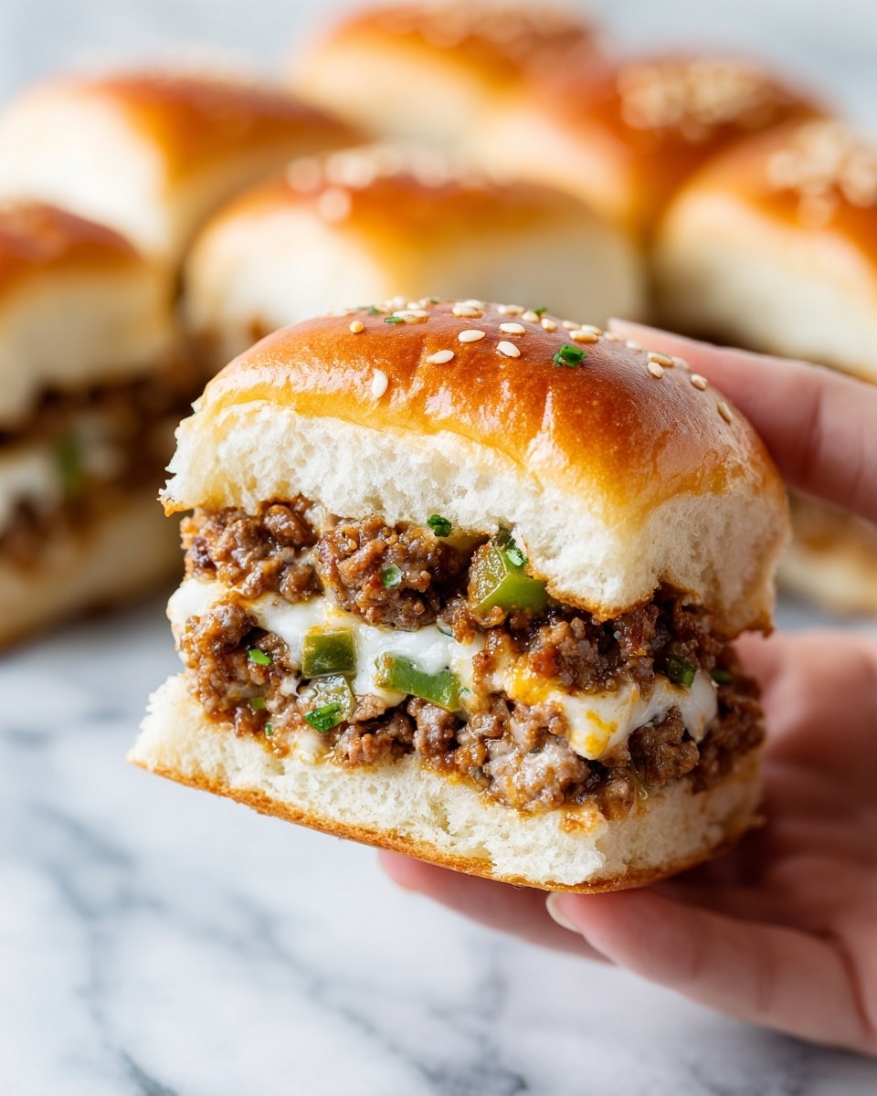 A close-up of a small sandwich held by a woman's hand showing three visible layers: the top layer is a soft, golden brown bun with sesame seeds and bits of green herbs on it; the middle layer is a mix of cooked ground meat with visible chunks and melted white cheese, plus some pieces of green pepper; the bottom layer is the bottom half of the golden bun, soft and slightly spongy in texture. In the blurred background, there are more sandwiches stacked together on a white marbled surface. photo taken with an iphone --ar 4:5 --v 7