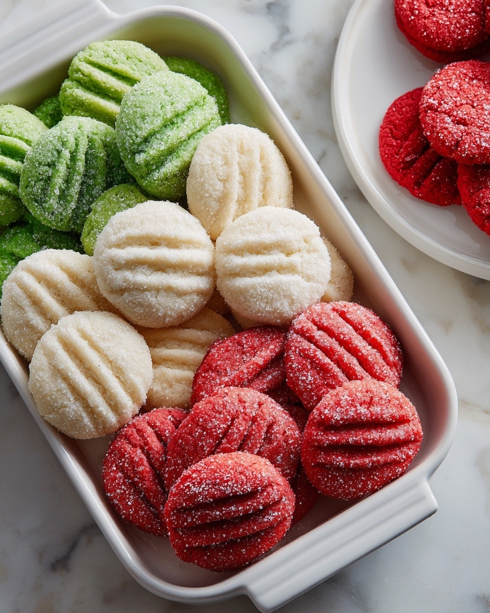The image shows a white divided dish with three sections, each filled with round, ridged cookies covered lightly with sugar crystals. The left section holds bright green cookies, the middle section has white cookies, and the right section contains red cookies. Each cookie has three parallel indent lines on top, adding texture. The dish is placed on a white marbled surface with part of another small white round dish filled with red cookies visible in the top right corner. photo taken with an iphone --ar 4:5 --v 7