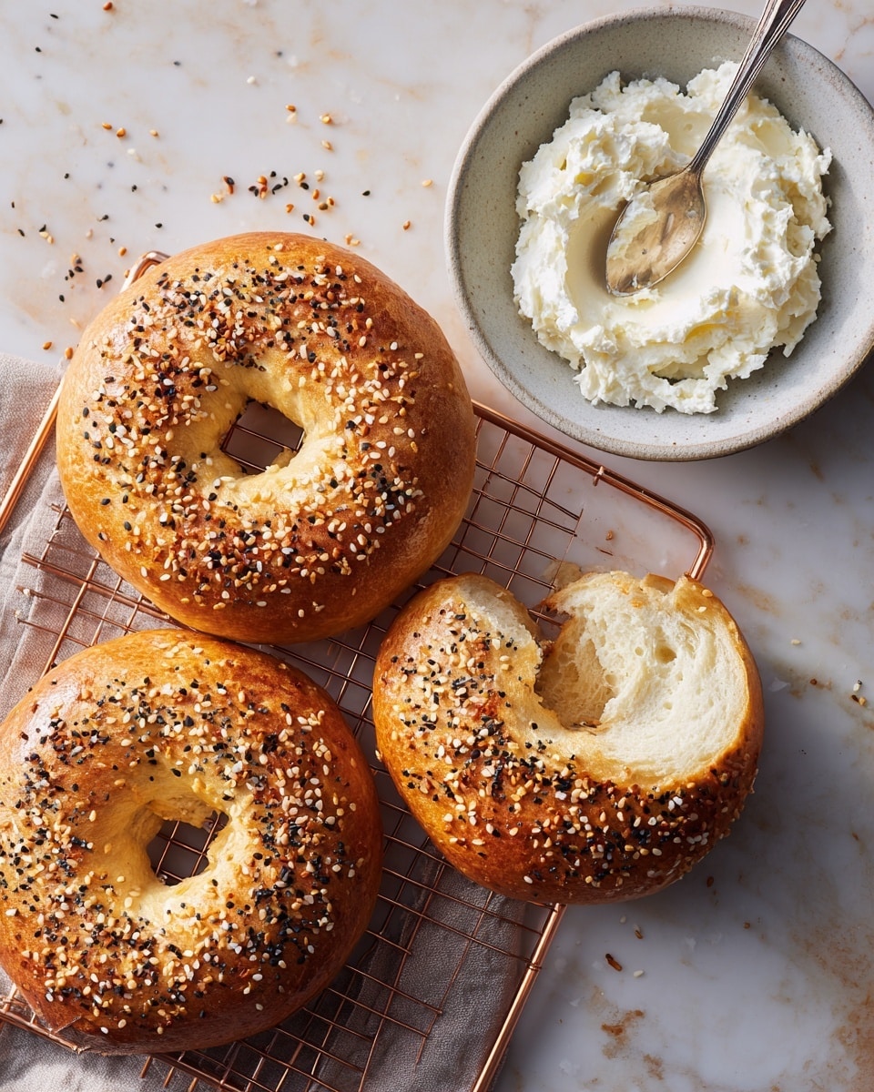 Three golden brown bagels with a shiny surface and topped with white and black sesame seeds and seasoning sit on a copper wire rack over a white marbled texture. One bagel is split open, showing its soft, white inside texture. To the right, there is a light gray bowl filled with creamy white cheese with a spoon resting inside. The colors are warm with a mix of yellows, browns, blacks, and whites. photo taken with an iphone --ar 4:5 --v 7