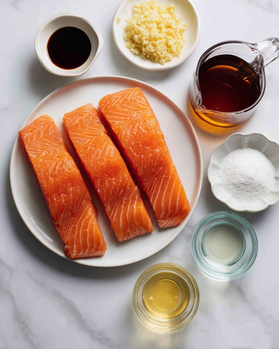 The image shows a white plate at the bottom left side with four bright orange salmon fillets arranged side by side, their smooth texture and natural lines visible. Above the plate, small white bowls hold finely minced garlic and grated ginger, both light yellow in color and textured. To the right, a glass measuring cup contains a dark amber liquid of maple syrup. Below that, another small white bowl filled with dark brown soy sauce is visible. A scalloped white dish holds a white powder of cornstarch near the middle right side. Two small clear glass bowls at the bottom right contain a clear liquid of rice vinegar and a light yellow liquid of sesame oil. The setting is on a white marbled background, and the image is bright with natural light. Photo taken with an iphone --ar 4:5 --v 7