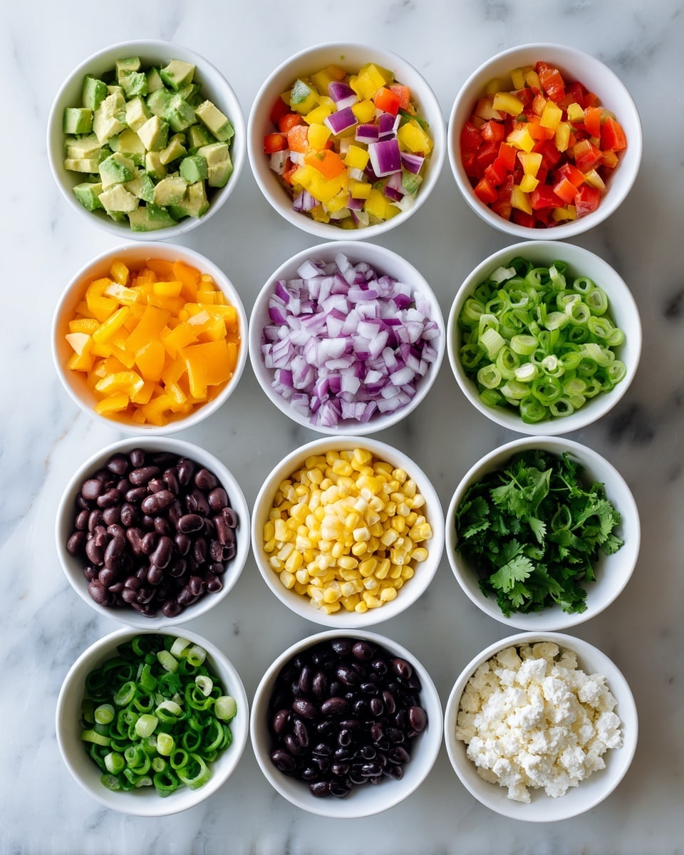 The image shows ten small white bowls arranged on a white marbled surface, each filled with a different chopped ingredient. From top to bottom and left to right, the bowls contain diced green avocado, a mix of finely chopped yellow, orange, and red bell peppers, chopped purple and white red onion next to yellow corn, chopped green jalapeño, light beige black-eyed peas, bright yellow diced mango, crumbly white vegan feta, round black olives, and chopped fresh green cilantro. Below these, there are two more white bowls filled with sliced green onions and black beans, adding more color contrast to the spread. photo taken with an iphone --ar 4:5 --v 7