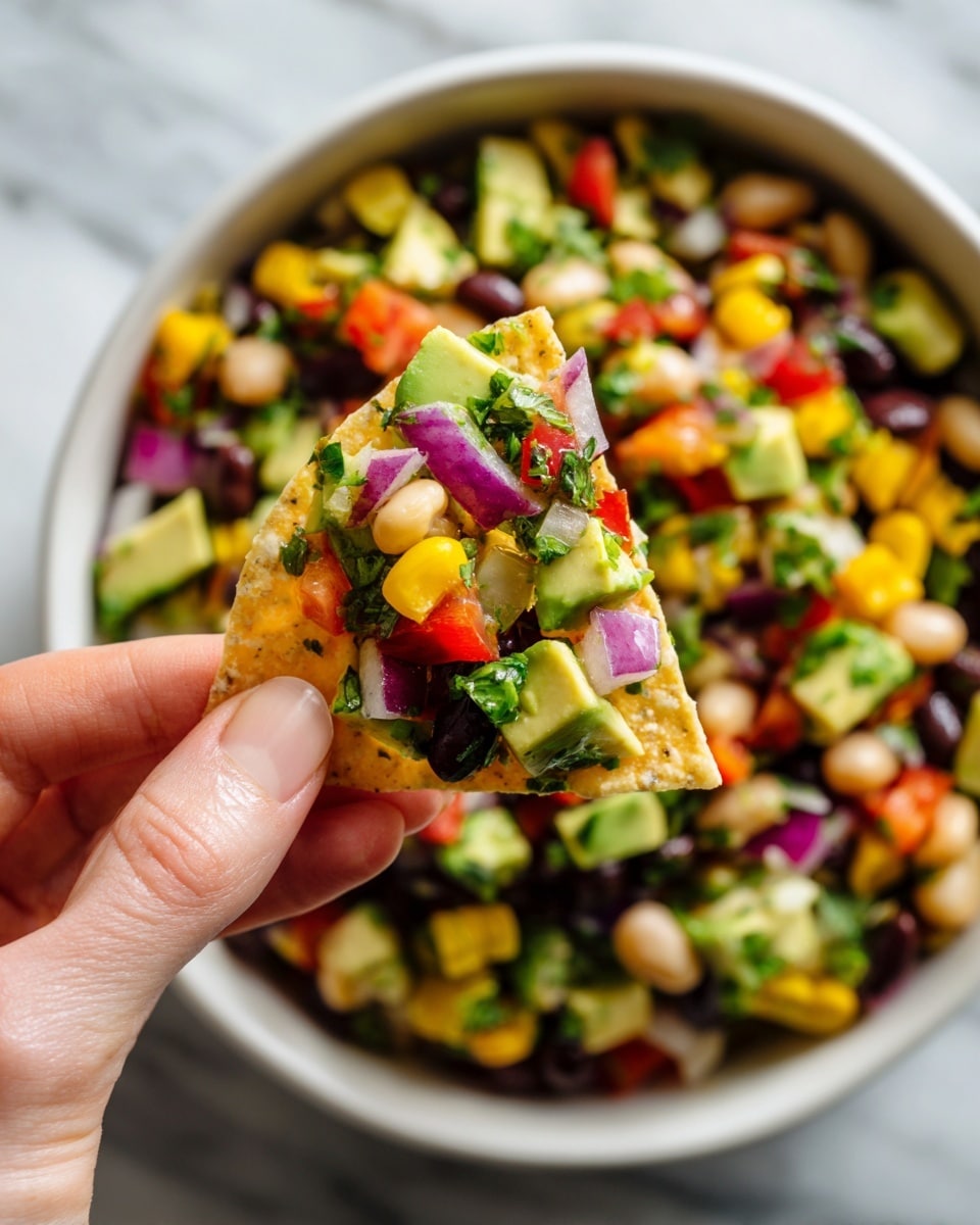 A woman's hand holds a triangular pale chip topped with a colorful mix of diced avocado, red onion, red and yellow bell peppers, black beans, white beans, corn, and chopped green herbs. The chip and toppings are shown close up above a large bowl filled with the same vibrant bean and vegetable mix. The bowl is white and sits on a white marbled surface. The mix has a fresh, chunky texture and bright, contrasting colors of green, yellow, red, purple, black, white, and orange. Photo taken with an iphone --ar 4:5 --v 7
