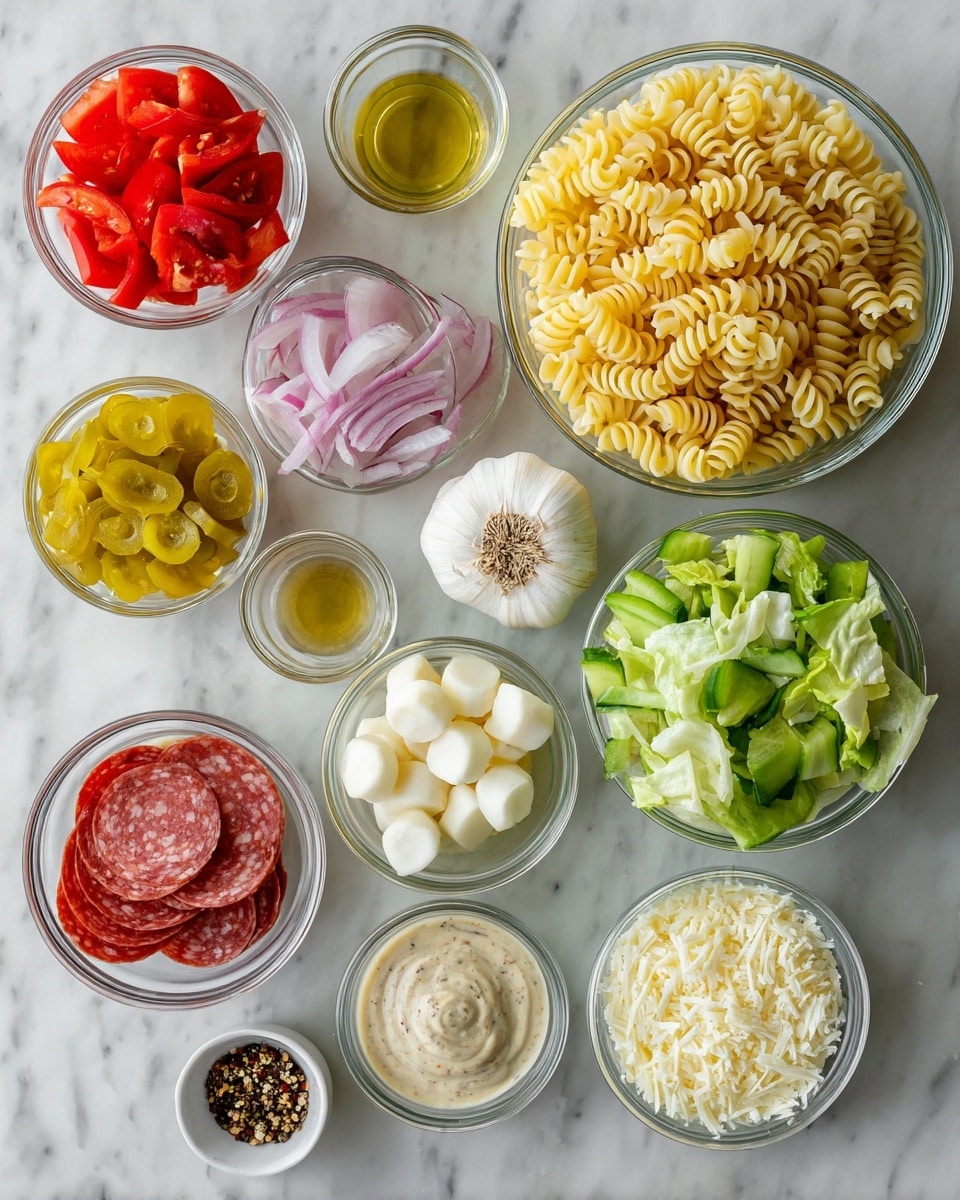 The image shows a top view of many small clear glass bowls arranged on a white marbled surface, each filled with different ingredients. Starting from the top right, a large bowl is full of yellow rotini pasta with a spiral texture. Around it are smaller bowls holding red pepperoni strips, light pink pickled onions, bright yellow pepperoncini slices, green cucumber cubes, red cherry tomatoes, red salami slices, bright green romaine lettuce leaves, and small white mozzarella cheese balls. Below are three more small bowls containing white grated parmesan cheese, light beige creamy mayonnaise, and a light brown Italian dressing with visible herbs and spices. A whole bulb of garlic is placed in the middle. At the bottom left, a small bowl has a mix of salt, pepper, and red pepper flakes. Everything is neatly arranged with clear labels in black text on each bowl. Photo taken with an iphone --ar 4:5 --v 7