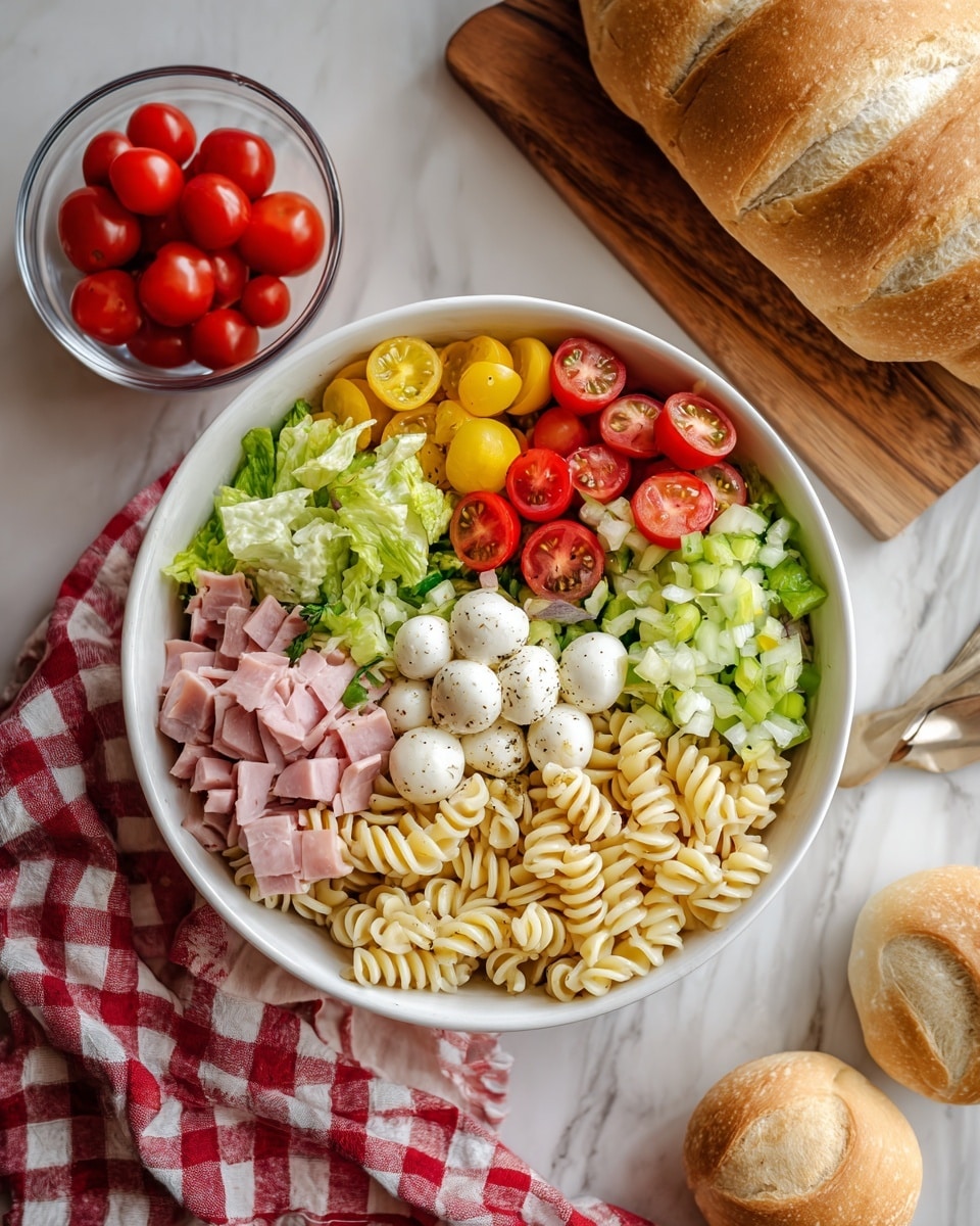 A white bowl filled with pasta salad made of three layers: the bottom layer is spiral pasta in a creamy white sauce; the middle layer has strips of pink ham, small white mozzarella balls, and green celery pieces; the top layer shows halved red cherry tomatoes, yellow pepper slices, chopped green lettuce, and some black pepper specks sprinkled all over. The bowl is placed on a white marbled surface, with a small glass bowl of red cherry tomatoes on the side, a wooden board with light bread rolls, and a red and white checkered cloth visible around. Photo taken with an iphone --ar 4:5 --v 7