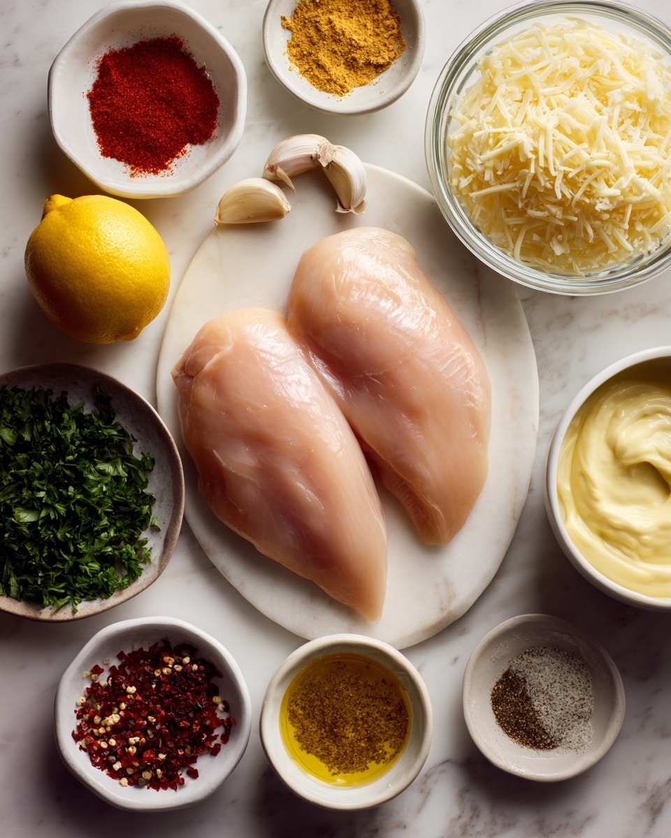 The image shows two large raw chicken breasts in a clear container at the bottom left on a white marbled surface. Around them, there are small white bowls and plates with several ingredients: a bowl with light yellow mayonnaise on the bottom right, a bowl of shredded pale yellow parmesan cheese next to chicken breasts, a plate with bright orange paprika powder and white salt, another plate with black pepper, light beige garlic powder, and slightly darker onion powder, a bowl with yellow Dijon mustard, a pale yellow half lemon with visible seeds in the center, a small white bowl with dark red chili flakes, a bowl of bright green chopped parsley, and a small container of olive oil. Two garlic cloves are also placed on the surface near the ingredients. photo taken with an iphone --ar 4:5 --v 7