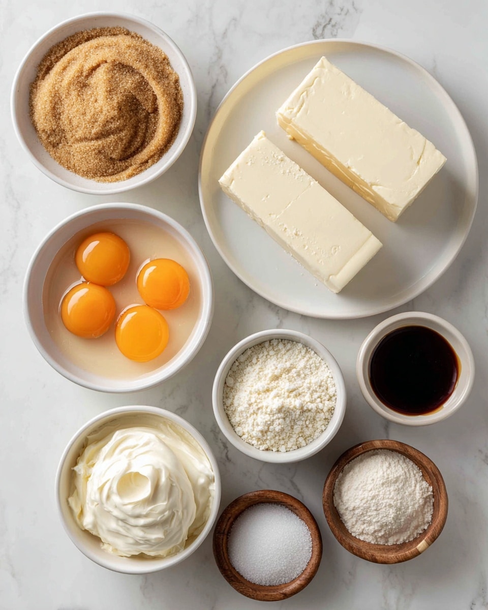 The image shows seven small white bowls with ingredients arranged on a white marbled surface. The top left bowl holds light brown sugar with a soft, grainy texture and a swirled pattern on top. To the right, a white plate has two thick rectangular blocks of smooth, white cream cheese. Below the sugar, a white bowl contains four raw eggs with bright orange yolks floating in clear liquid. Below the eggs, a slightly bigger white bowl holds thick white cream with a smooth texture. To the bottom right, three small wooden bowls hold salt, white cornstarch powder, and a light brown powder. Between the cream and the small bowls, a tiny white bowl contains dark brown vanilla extract, all neatly spaced with clear labels above each ingredient. Photo taken with an iphone --ar 4:5 --v 7