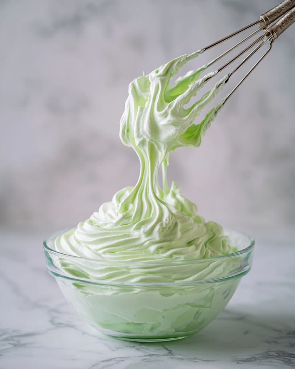 A close-up of a clear glass bowl filled with light green whipped cream with a smooth and fluffy texture. Two metal beaters covered with the whipped cream are lifted above the bowl, showing the cream stretching in peaks from the beaters. The background has a white marbled texture, and the image focuses on the creamy texture and soft swirls in the bowl. photo taken with an iphone --ar 4:5 --v 7