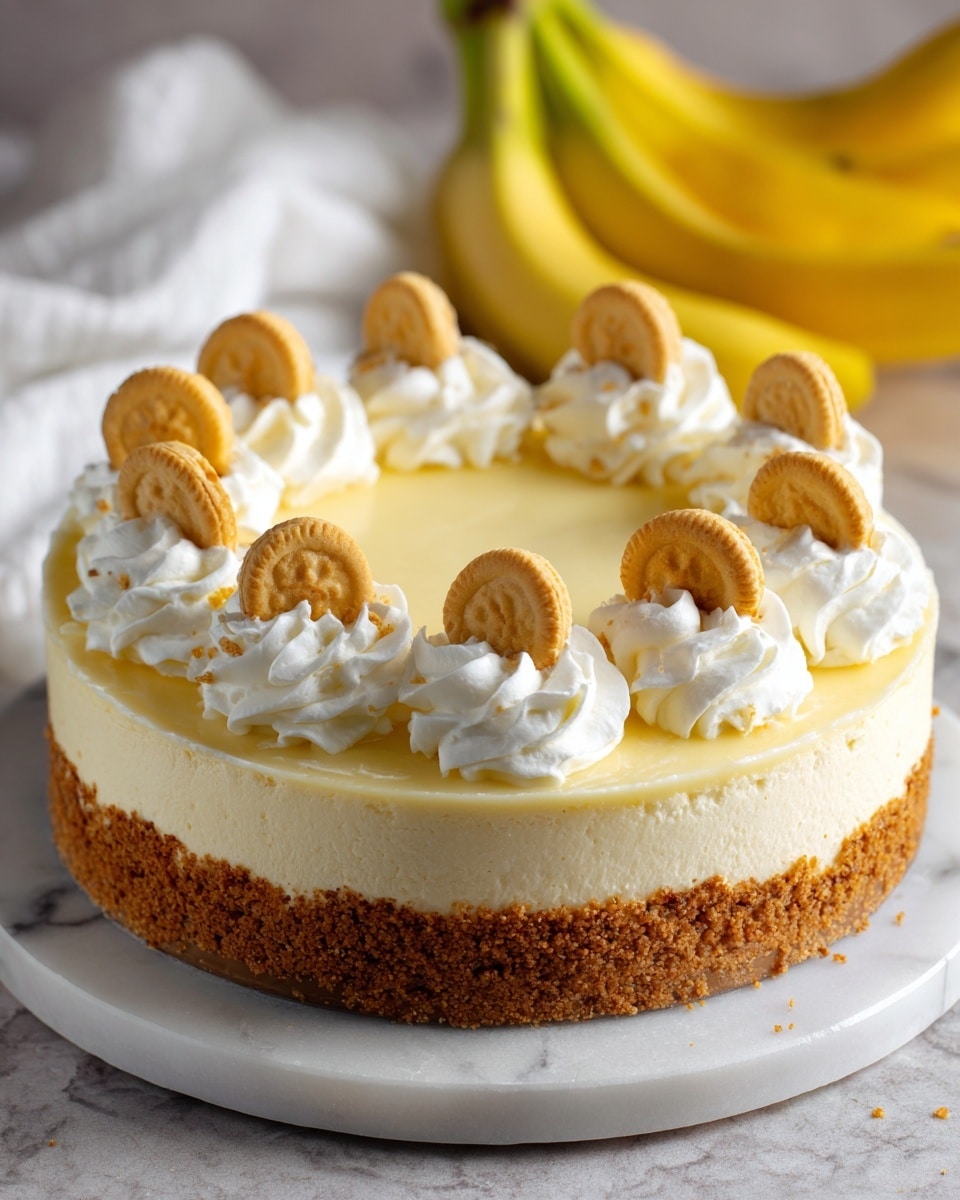 The image shows a single-layer cake resting on a white marbled surface. The bottom layer is a golden brown crust with a rough texture and slightly uneven edges. On top is a thick smooth layer of pale yellow creamy filling, covering the entire cake. Around the edge, there are evenly spaced dollops of white whipped cream, each topped with a small round golden-brown cookie. In the background, a bunch of yellow bananas and a white cloth are slightly out of focus. photo taken with an iphone --ar 4:5 --v 7