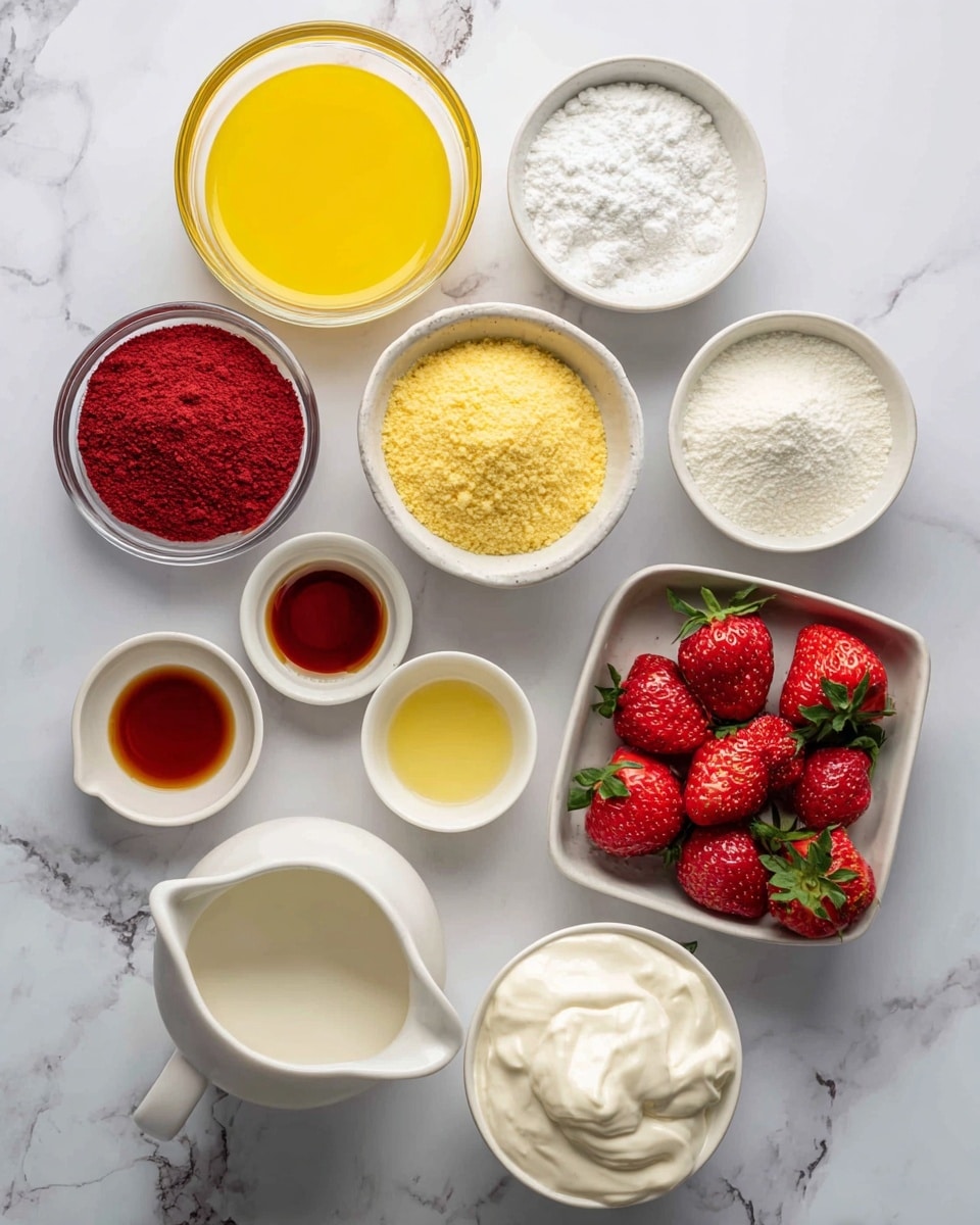The image shows various ingredients in white bowls and a clear glass bowl arranged on a white marbled surface. There are nine small bowls with different contents: bright yellow melted butter in a glass bowl at the top left, white powdered sugar in a white bowl on the top right, golden Oreo crumbs in a white bowl just below the powdered sugar, deep red freeze-dried strawberry powder in a small white bowl below the butter, fresh red strawberries with green leaves in a white square bowl towards the right center, pale yellow lemon juice in a small white bowl near the bottom left, light brown vanilla extract in a tiny white bowl near the lemon juice, thick white heavy cream in a pitcher at the bottom left, and soft white cream cheese in a clear glass bowl next to the cream. The ingredients are neatly arranged showing different colors and textures clearly. Photo taken with an iphone --ar 4:5 --v 7