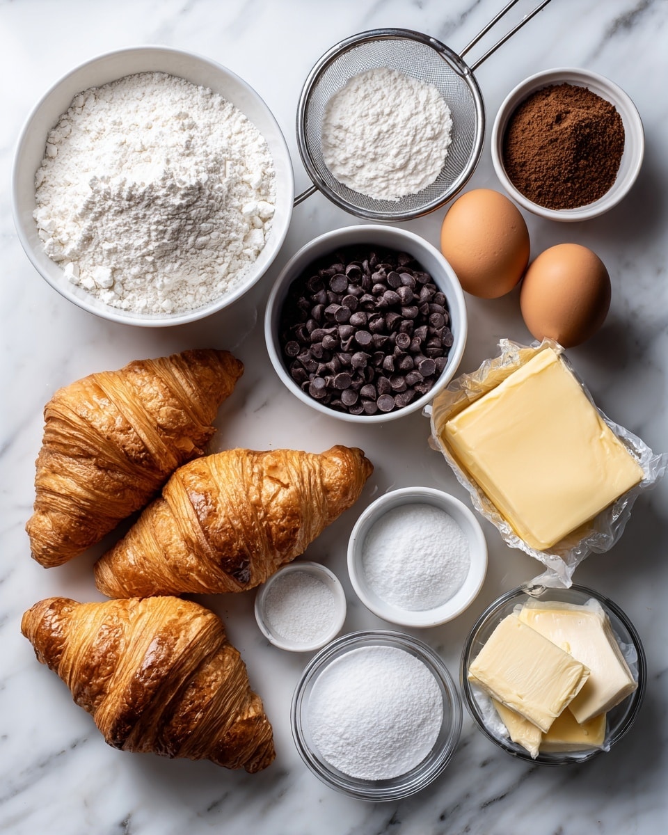 The image shows various baking ingredients arranged neatly on a white marbled surface. In the bottom center are three golden brown croissants with flaky texture. Above them, a white bowl filled with white flour is positioned to the left. To the right of the flour is a white bowl full of dark chocolate chips. Next to the chocolate chips is a white bowl filled with packed brown sugar. Above the brown sugar is a small glass container with dark brown vanilla extract. To the right of the chocolate chips are three small white bowls holding baking powder, salt, and baking soda, respectively. At the top center are two brown eggs. On the top left, there is a metal sieve filled with white powdered sugar over a white bowl. Just below the powdered sugar is a wrapped block of pale yellow butter. Finally, on the top right corner, there is a clear glass bowl filled with white sugar. All the items are placed on the white marbled surface. photo taken with an iphone --ar 4:5 --v 7