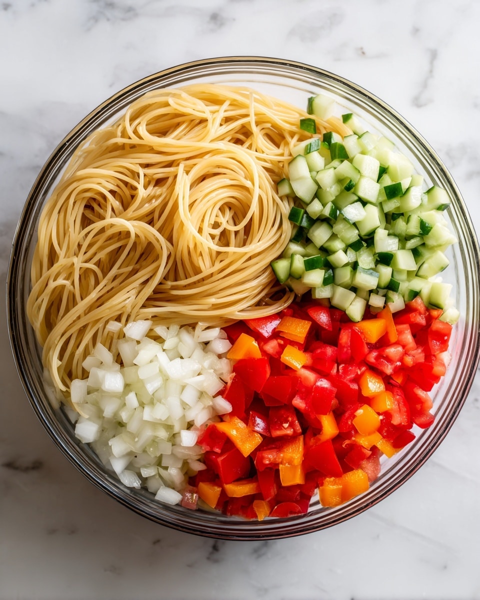 This is a clear glass bowl filled with five separate layers of ingredients arranged side by side. The top left layer has long, pale yellow cooked spaghetti noodles with a smooth texture. Next to it on the top right is a layer of small, light green cucumber chunks with a slightly shiny, wet look. Below the noodles on the bottom left are small, bright red diced tomatoes that look fresh and juicy. The bottom middle layer has finely chopped white onions with a crisp, almost translucent appearance. To the right of the onions are small, bright orange bell pepper pieces with a slightly glossy surface. The bowl sits on a white marbled surface. Photo taken with an iphone --ar 4:5 --v 7
