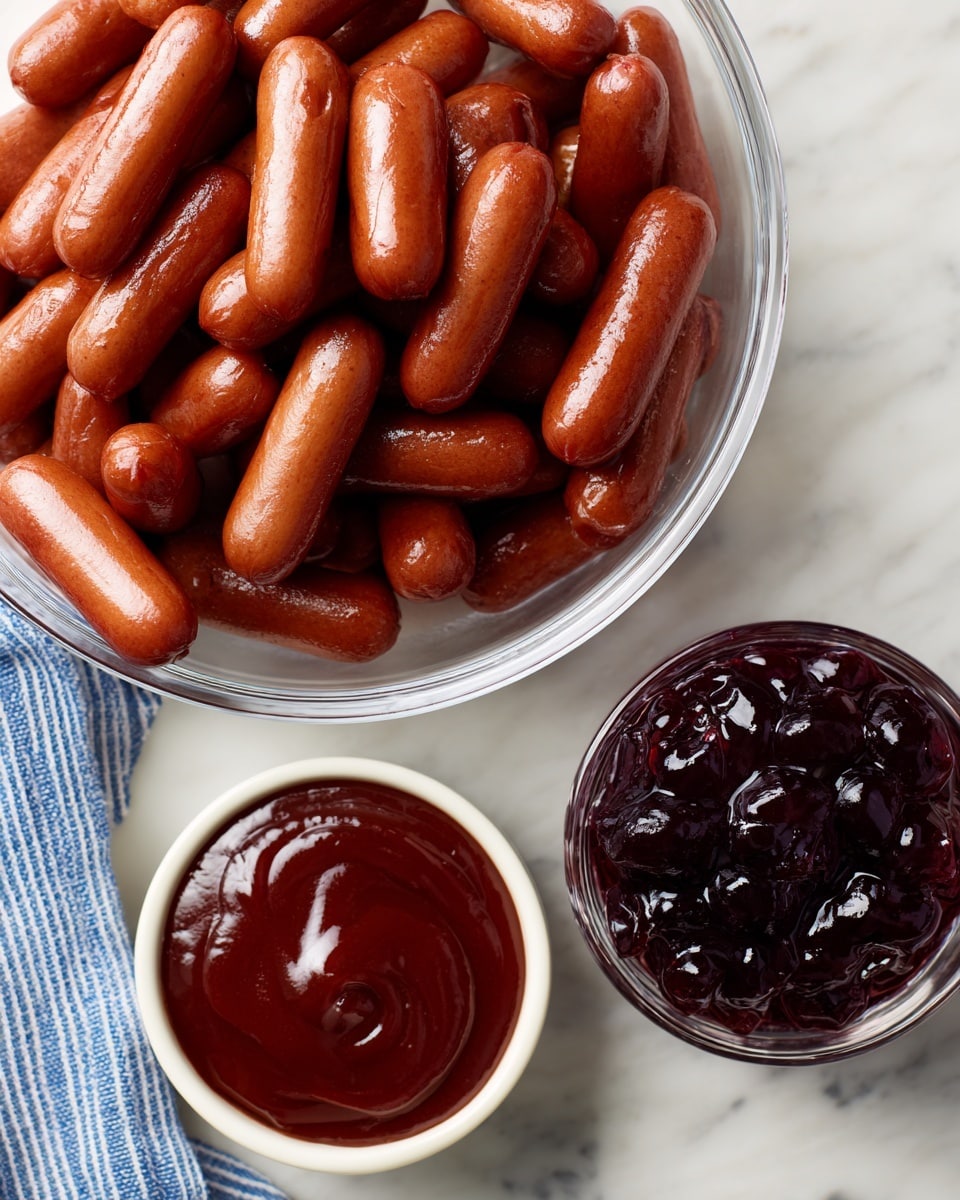 A close-up image shows many small shiny reddish sausages piled inside a white bowl with a smooth surface. In front, a woman's hand holds two of these glossy sausages pierced on two wooden sticks. The sausages have a smooth texture and bright color, making them look juicy and fresh. The background and surface under the bowl have a white marbled texture. photo taken with an iphone --ar 4:5 --v 7