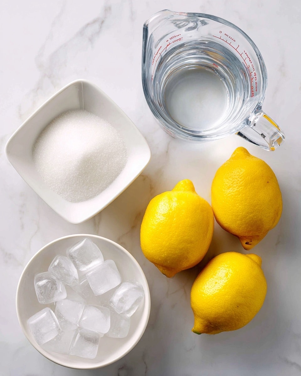 The image shows four fresh yellow lemons grouped together near the center, a clear glass measuring cup filled with water on the top right, a white cup filled with granulated white sugar on the top left, and a white square bowl filled with clear ice cubes at the bottom left, all placed on a white marbled surface. The items are spaced apart with clear labels identifying each ingredient. Photo taken with an iphone --ar 4:5 --v 7