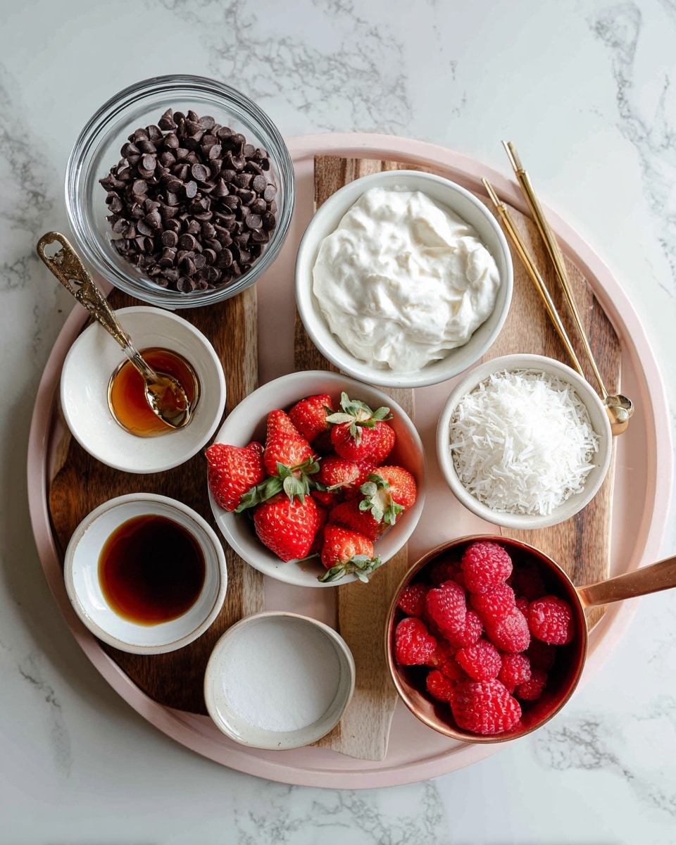The image shows several small white bowls and a glass bowl arranged on a round wooden tray with a pink rim, all set on a white marbled surface. There is a glass bowl filled with dark chocolate chips in the upper left, a white bowl with plant-based Greek yogurt in the upper right, a small white bowl with shredded coconut beside it, and fresh strawberries in a white bowl near the center. Near the bottom right is a copper measuring cup filled with fresh raspberries. At the lower left, a white bowl holds vanilla extract, and next to it is a small white bowl with coconut oil. There is also a small clear container with maple syrup and a container labeled protein powder, partially visible with a gold spoon inside. photo taken with an iphone --ar 4:5 --v 7