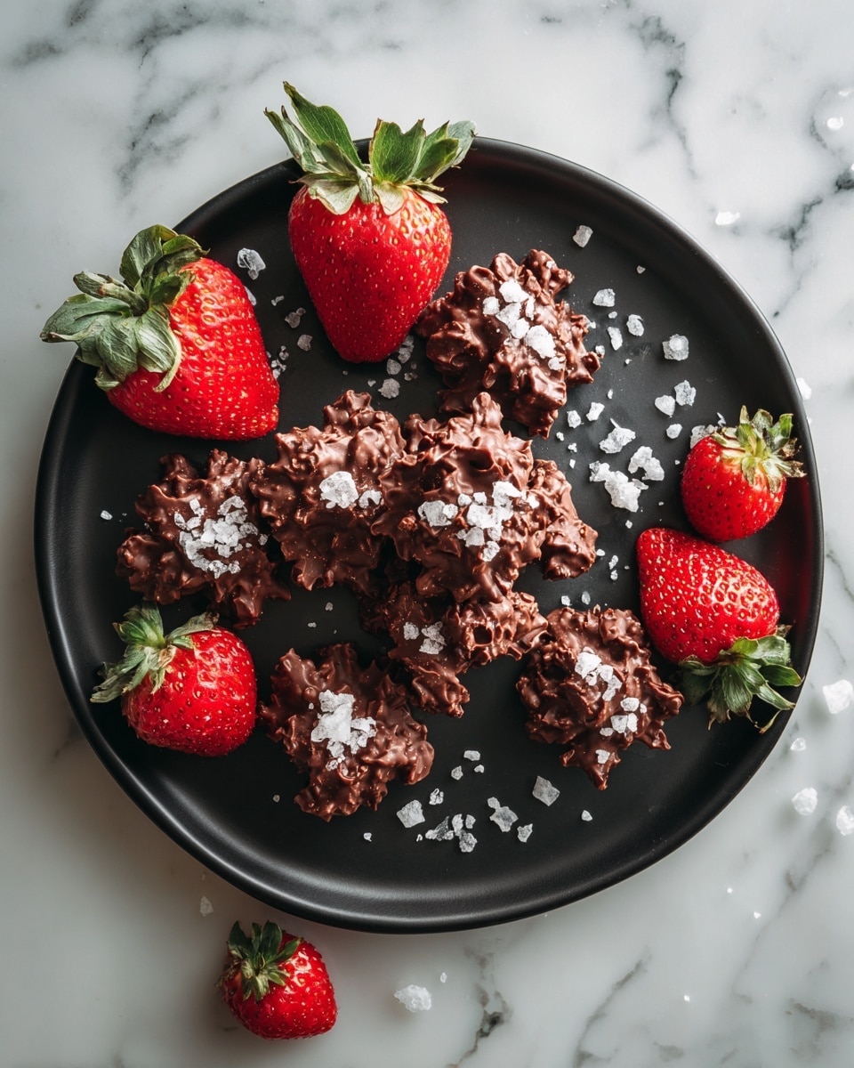 The image shows several small clusters of chocolate with a rough, uneven surface and a few flakes of white sea salt sprinkled on top, arranged on a black round plate; around the chocolate clusters are fresh, bright red strawberries with green leafy tops, adding a pop of color to the scene, all placed on a white marbled surface. photo taken with an iphone --ar 4:5 --v 7