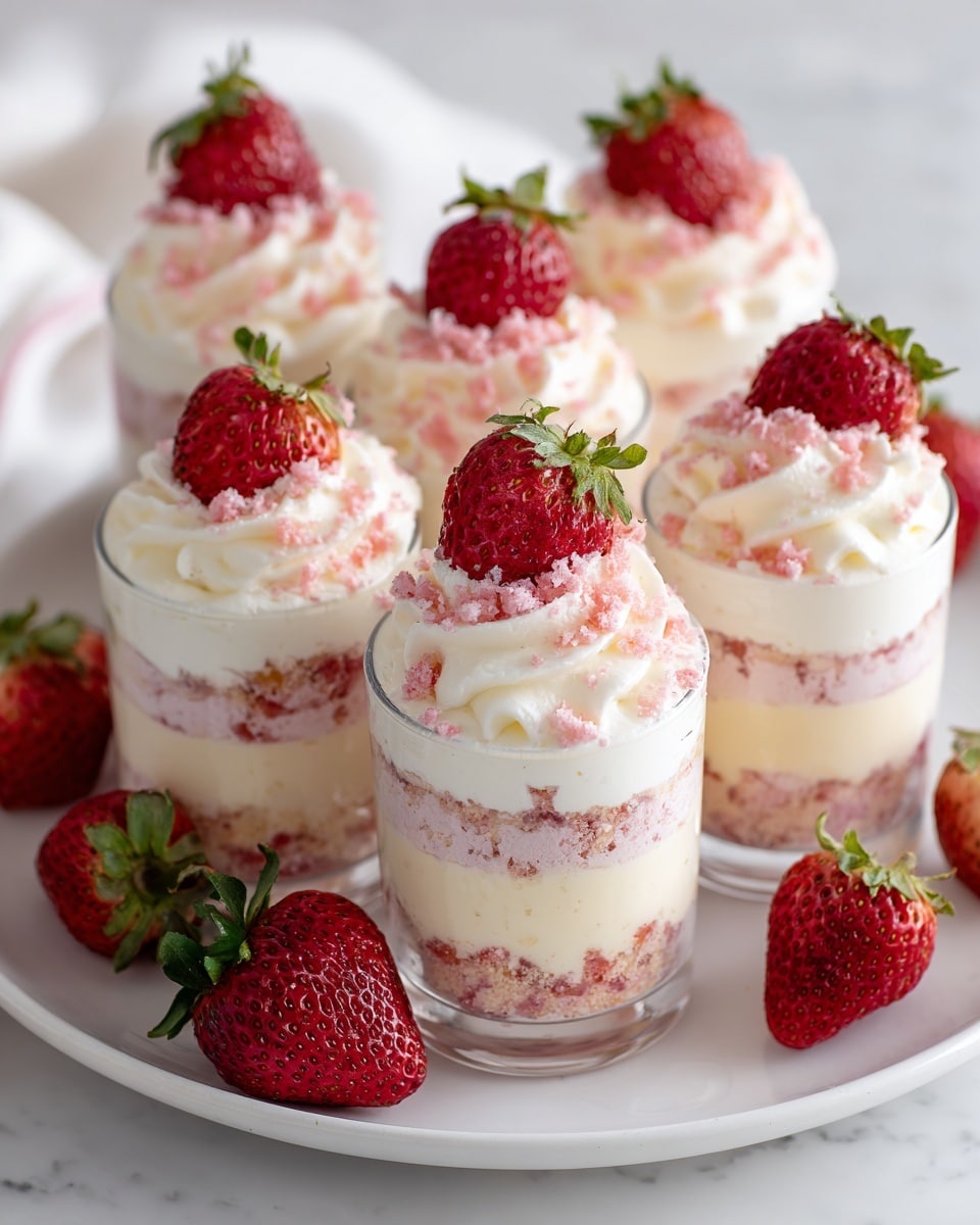 There are five small clear cups filled with layered dessert placed on a white plate with a white marbled surface beneath. Each cup has at least four layers: a bottom layer of crumbly light pink mix with bits of red, a creamy light yellow layer above it, a second thin crumbly pink layer, and a thick white whipped cream topping. Each whipped cream top is sprinkled with more crumbly pink bits and decorated with a fresh red strawberry half with green leaves. Some whole strawberries with green tops sit around the cups on the plate. photo taken with an iphone --ar 4:5 --v 7