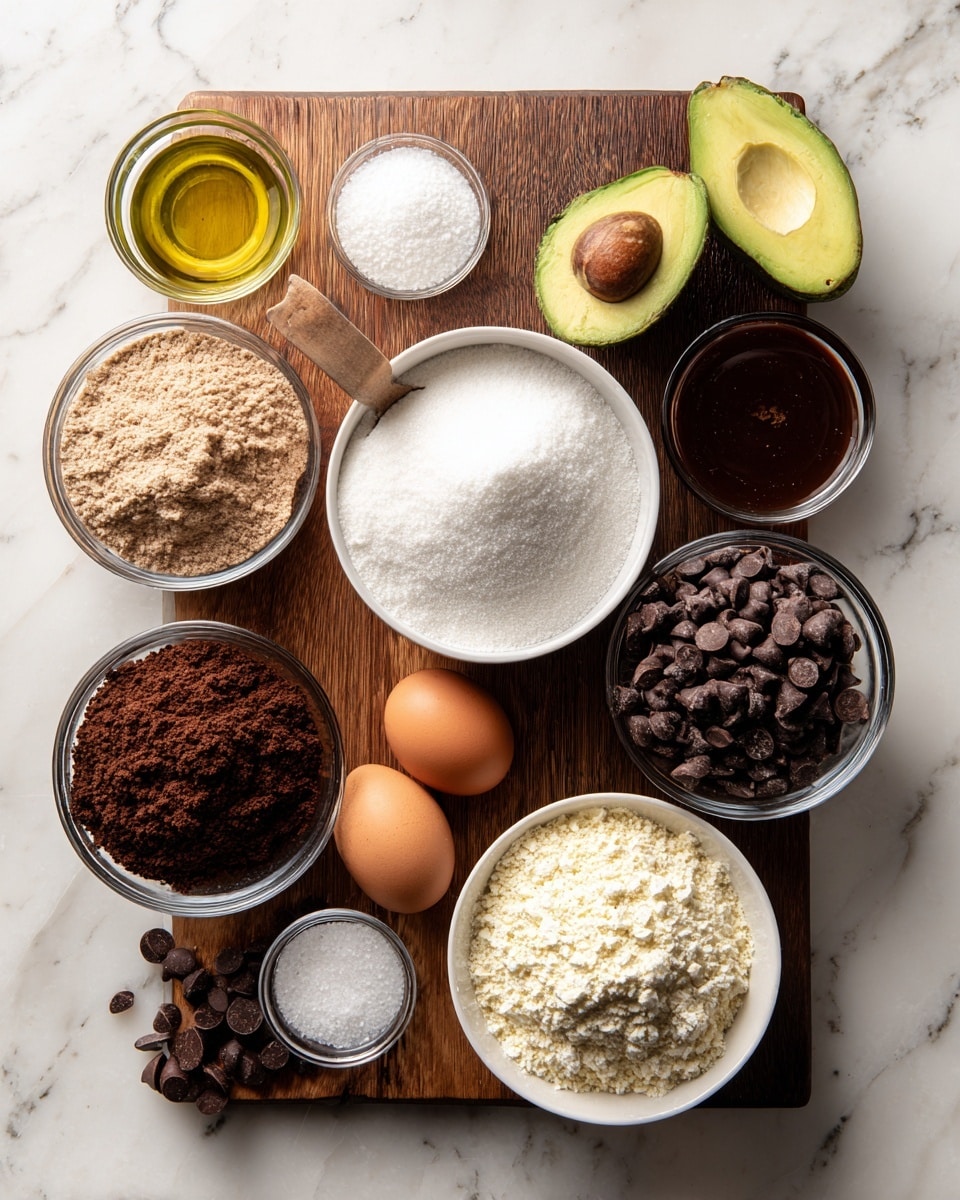 The image shows a wooden board placed on a white marbled surface, holding various baking ingredients in small white bowls and clear glass bowls. In the center is a white bowl filled with granulated sugar, flanked by two brown eggs resting directly on the wooden board. To the left, there is a clear glass bowl with avocado oil, below it a clear glass bowl with light brown protein powder, and a small fluted white bowl containing salt. To the right on the board is a small clear glass bowl with white baking powder and a white bowl with dark brown vanilla liquid. Outside the board on the marbled surface to the top right is a white bowl filled with dark cocoa powder, and below it a large glass bowl full of chocolate chips. At the bottom right is a white bowl filled with pale almond flour. The ingredients are neatly arranged with some chocolate chips scattered around. Photo taken with an iphone --ar 4:5 --v 7