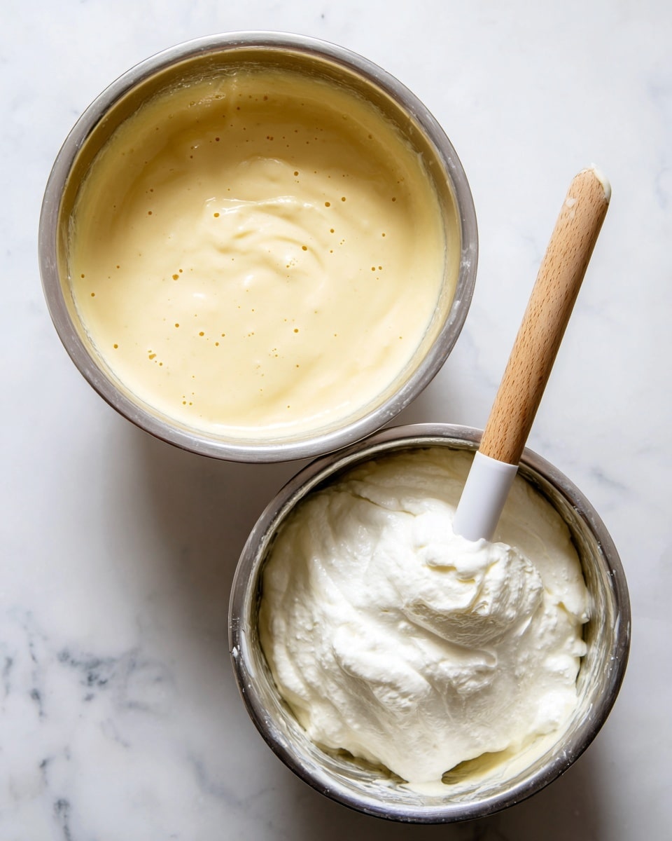 The image shows two metal bowls on a white marbled surface. The bowl on the left contains a smooth, pale yellow batter with a creamy texture and some small air bubbles scattered on the surface. The bowl on the right has the same batter at the bottom, but it is topped with a thick, fluffy white foam that looks soft and airy. A wooden spoon with a white tip is partially dipped into the foam layer, indicating mixing or folding in progress. Both bowls have shiny interiors reflecting some light. photo taken with an iphone --ar 4:5 --v 7
