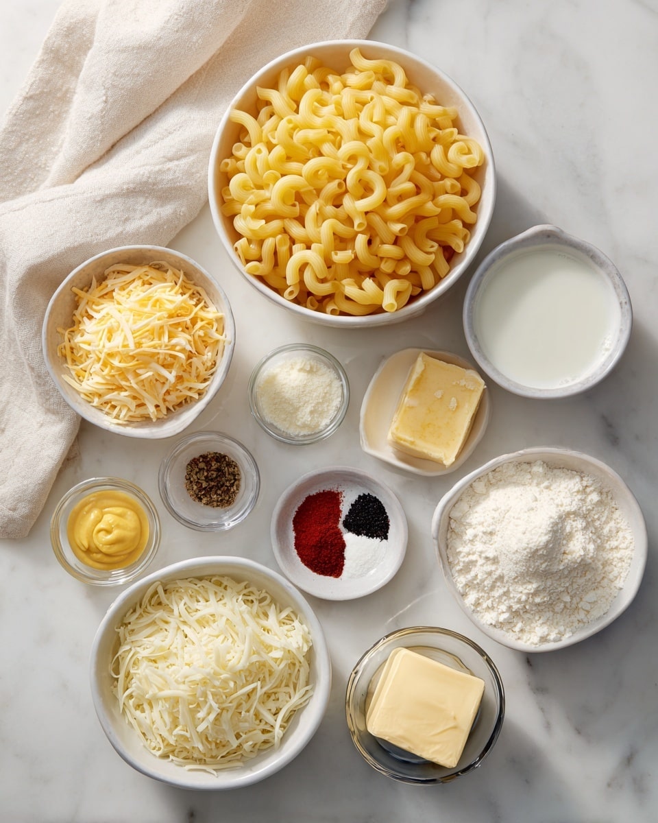 The image shows nine bowls and containers placed on a white marbled surface. The largest bowl at the top holds yellow elbow macaroni pasta with a smooth texture. To its lower left, a medium white bowl contains a mix of shredded yellow and white cheeses. Next to it on the right is a white bowl filled with a white creamy liquid. Below that bowl, another white bowl is full of shredded white cheese. On the bottom left, a small white bowl has finely shredded yellow cheese. Near it, a small round plate holds four powders: white, red, black, and fine salt, arranged in separate spots. A small clear glass bowl contains a dollop of yellow mustard. A small silver container holds a square piece of yellow butter, and next to it is another small silver bowl with white flour. A small white bowl with a black rim holds a small amount of milk. A light beige towel is partially visible on the left side. Photo taken with an iphone --ar 4:5 --v 7