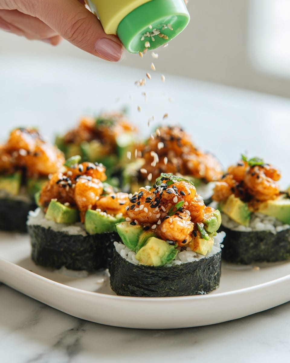 A close-up shot showing several small sushi cups arranged on a white plate set on a white marbled surface. Each sushi cup consists of a dark green nori seaweed cup filled with white rice, topped with a layer of orange cooked shrimp pieces mixed with sauce, then small chunks of bright green avocado, and sprinkled with light tan and black sesame seeds on top. A woman's hand holds a green and yellow container above the sushi cups, sprinkling more sesame seeds over them. The image is well-lit with a soft focus on the foreground sushi cups. Photo taken with an iphone --ar 4:5 --v 7