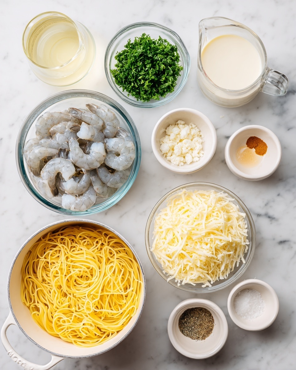The image shows a top view of cooking ingredients neatly placed on a white marbled surface. On the bottom left is a white pot filled with cooked yellow spaghetti noodles. To its right, a clear glass bowl holds raw gray shrimp. Above them, a small white bowl contains bright green chopped parsley. Next to it, there is a small white bowl with shredded pale yellow cheese. Above the cheese, a small white bowl holds minced garlic, and next to it, another small white bowl contains orange-brown powdered spice. A small white bowl with melted butter is placed in the center near the top right, and next to it, a clear glass measuring cup holds a creamy white liquid. A glass with a light yellow liquid sits on the top left. photo taken with an iphone --ar 4:5 --v 7
