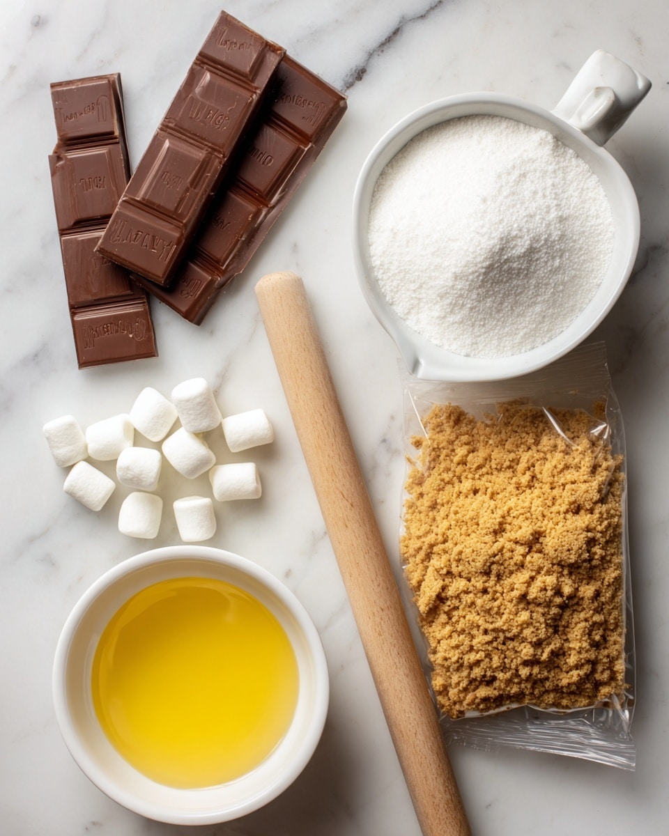 The image shows ingredients on a white marbled surface for making a dessert. At the top left, there are two milk chocolate bars, one partly unwrapped. To the right, there is a small white measuring cup filled with powdered sugar. Scattered nearby are small white marshmallows. At the bottom left, a round white bowl contains melted yellow butter. Next to it, there is a clear plastic bag filled with crushed graham cracker crumbs, with a brown wooden rolling pin resting diagonally on top of it. All items are neatly arranged with clear labels identifying each ingredient. Photo taken with an iphone --ar 4:5 --v 7