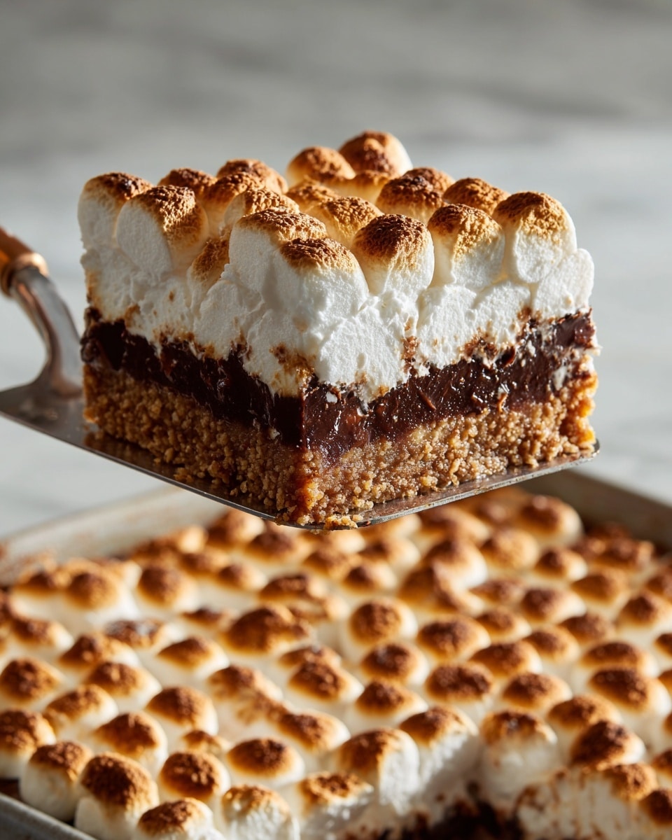 A square piece of dessert is lifted on a metal spatula from a pan filled with many similar squares. The dessert has three layers: the bottom layer is a light brown crumbly crust, the middle layer is a darker chocolate filling, and the top layer is covered with many small toasted marshmallows that are golden brown on top with soft white sides. The marshmallows are arranged close together, covering the entire top layer. The pan is placed on a white marbled surface with some crumbs scattered around. photo taken with an iphone --ar 4:5 --v 7