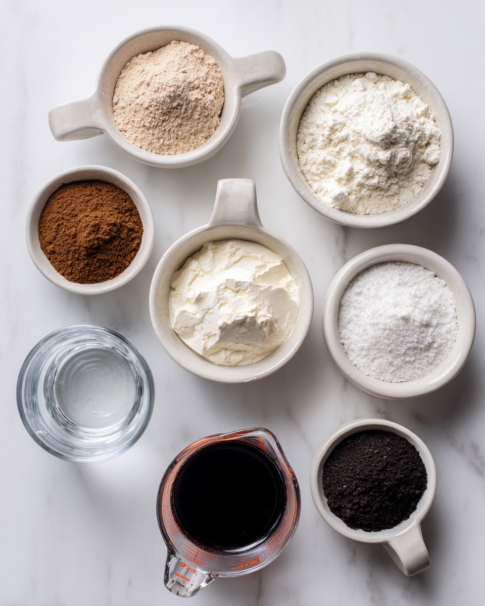 The image shows nine small white bowls and a clear glass measuring cup arranged on a white marbled surface. The bowls contain different ingredients: two hold light brown powder, two hold white powdery substances, one contains a thick white cream, one has fine white granules, one has dark brown powder, and one has a dark liquid. The glass measuring cup is filled with clear water. The ingredients are spread out neatly in a grid pattern, with colors ranging from dark brown to white, and the textures vary from powdery to creamy and liquid. Photo taken with an iphone --ar 4:5 --v 7