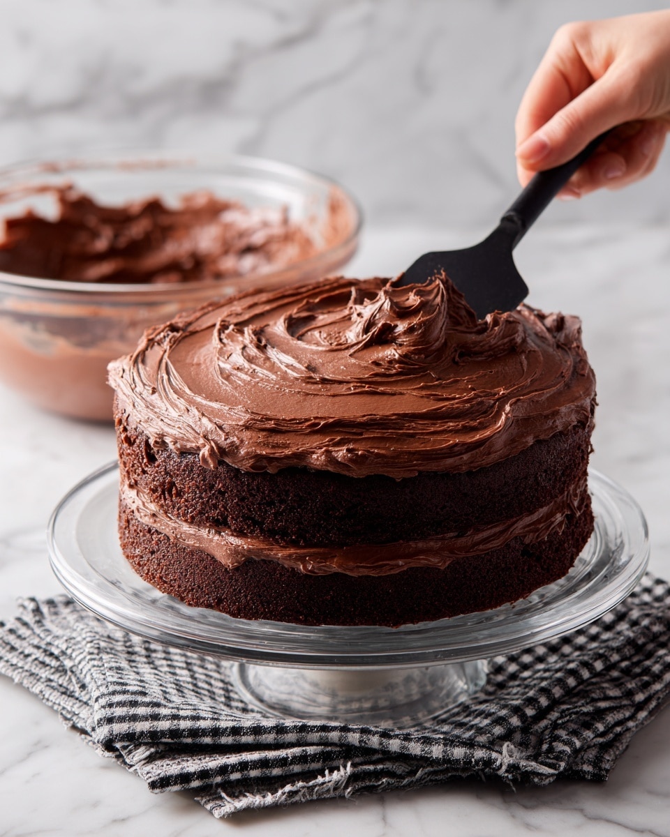 A round, single-layer chocolate cake sits on a clear, white plate. The entire top and sides of the cake are thickly covered in dark chocolate frosting, which is spread in swirling, textured patterns creating a rich and creamy look. Behind the cake on the white marbled surface, there is a glass bowl filled with more chocolate frosting with a black spatula inside. A black and white checkered cloth is casually laid underneath part of the plate. Photo taken with an iphone --ar 4:5 --v 7