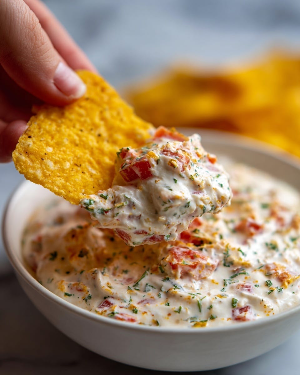 A close-up view shows a woman's hand holding a yellow corn chip scooped with a creamy dip that has visible chunks of diced red tomatoes and some green herbs, giving a mixed texture of smooth cream and small pieces. The background is filled with the same dip inside a white bowl, sitting on a white marbled surface, softly blurred to keep focus on the chip and dip in the front. photo taken with an iphone --ar 4:5 --v 7