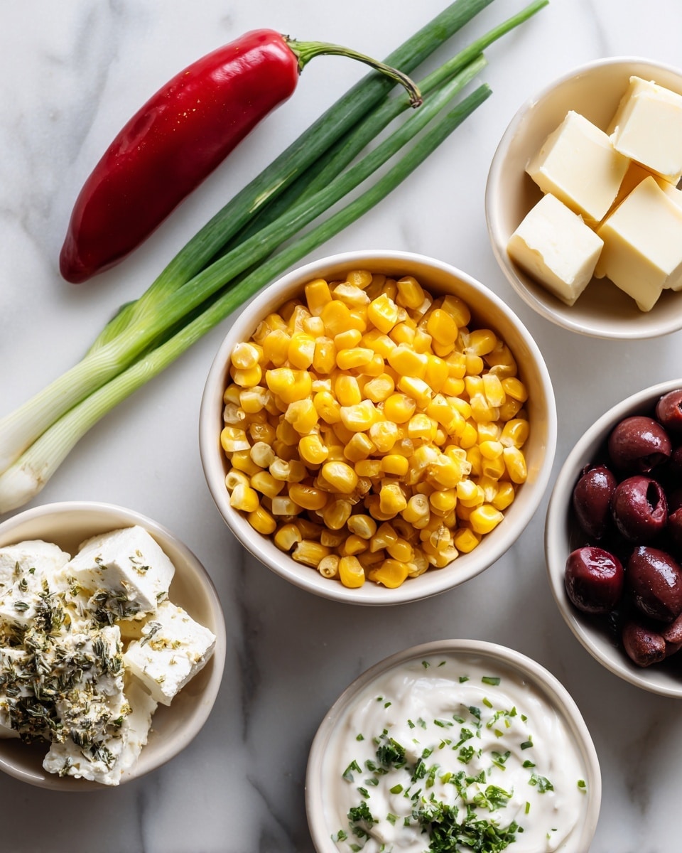 The image shows five small white bowls on a white marbled surface. The top left bowl has one whole red jalapeno pepper. Next to it on the right is a bowl with blocks of cream cheese. Below the pepper, two green onions lay on the surface. In the middle, a larger white bowl is filled with bright yellow corn kernels. To the bottom right, there is a bowl of dark black olives and a bowl with a creamy ranch sauce sprinkled with green herbs. A woman's hand is not visible but could be imagined holding ingredients nearby. Photo taken with an iphone --ar 4:5 --v 7