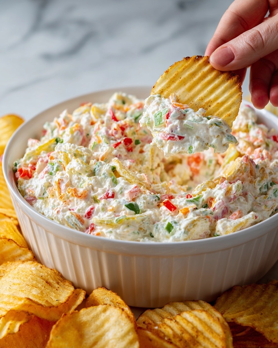 A close-up view of a woman's hand holding a light golden ridged potato chip dipped in a thick creamy white dip filled with small pieces of green, red, and yellow vegetables, all above a wide white dish filled with the same chunky dip and more chips scattered around the dish, all set on a white marbled surface photo taken with an iphone --ar 4:5 --v 7