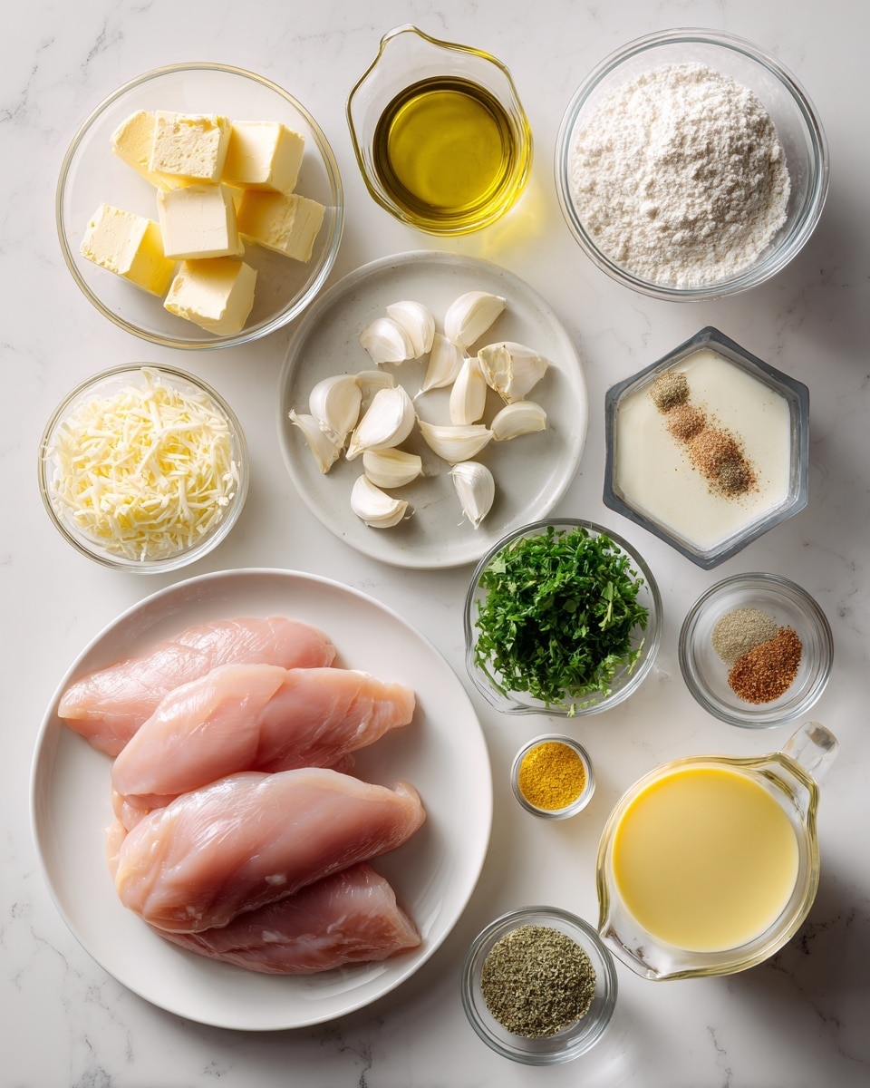The image shows a top view of various ingredients arranged neatly on a white marbled surface. In the bottom left, there is a white plate with four raw pink chicken cutlets stacked slightly on top of each other. Around the plate, there are small clear glass bowls and containers with different ingredients: three cubes of pale yellow butter in a bowl on the upper left; a clear measuring cup with light yellow olive oil to the right of the butter; a small bowl with several peeled white garlic cloves below the olive oil; a small bowl filled with grated pale yellow parmesan cheese below the garlic; a bowl of chopped green parsley toward the bottom center; a small bowl with a mix of light brown garlic and onion powder to the right of the parsley; a tiny bowl with dried green Italian seasoning above the garlic and onion powder; a small dollop of bright yellow Dijon mustard to the lower right corner; a round container with a salt and pepper mix above the mustard; a transparent bowl with white flour above the parmesan cheese; a glass bowl filled with smooth white heavy cream in the upper center; and a hexagonal glass container filled with light yellow chicken stock to the right of the heavy cream. Each ingredient is clearly labeled with black text on white background tags placed above or next to the respective bowl or plate. The overall look is clean and organized. photo taken with an iphone --ar 4:5 --v 7