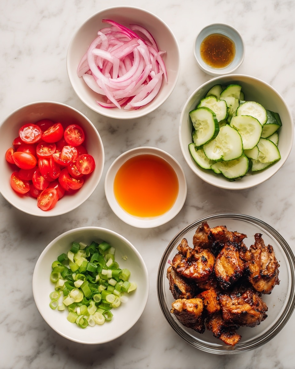 The image shows six small white bowls and one clear glass bowl arranged on a white marbled surface. The clear bowl in the bottom right contains grilled chicken thighs with a browned, lightly charred texture. Next to it, a white bowl holds chopped green onions, bright and fresh. Above that, a white bowl is filled with bright orange honey and hot sauce, smooth in texture. In the top left, a white bowl contains pink pickled onions, thinly sliced. Below it, another clear bowl holds halved cherry tomatoes, glossy and red. To the right of the tomatoes, a white bowl has thin cucumber slices with dark green edges. Below the cucumber, a white bowl is filled with small diced red bell peppers. The bright colors and simple textures create a fresh and appetizing look. Photo taken with an iphone --ar 4:5 --v 7