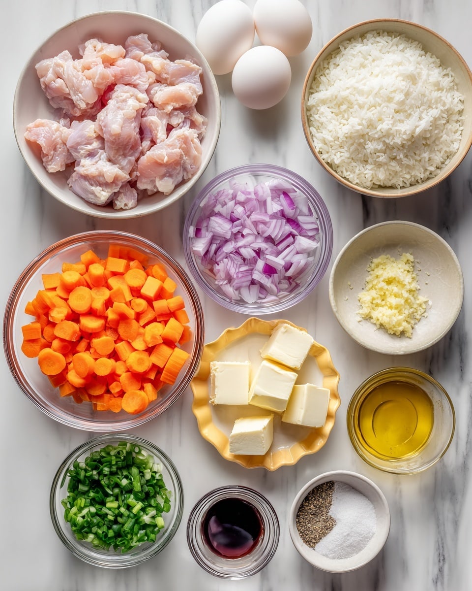 There is a white bowl with small pieces of raw pink chicken on the top left, a white bowl filled with fluffy white rice on the top right, and a small beige bowl holding two whole white eggs near the middle left. Below the chicken bowl is a glass bowl with bright orange diced carrots, a clear glass bowl with chopped light purple and white onion beside it, and a small cup with minced pale yellow garlic to the right. A white scalloped bowl with two light yellow butter chunks sits near the center. A small yellow-rimmed white bowl is filled with chopped green onions below the carrots. On the right side, two small clear bowls hold white salt and a mix of white and black pepper. At the bottom, a small glass jug of golden oil is near a similar-sized glass bowl of dark soy sauce. All items are on a white marbled surface. Photo taken with an iphone --ar 4:5 --v 7