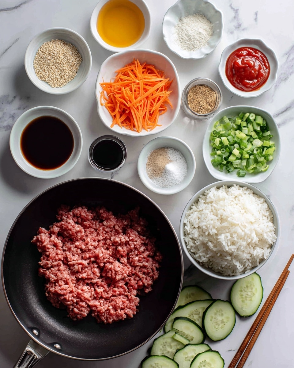 A top view of various ingredients arranged neatly on a white marbled surface with a black frying pan at the bottom holding raw pink and red ground beef. Above the pan, there are small white bowls containing light brown sesame oil, bright orange shredded carrots, deep red gochujang sauce, light beige minced ginger, dark brown soy sauce, light brown granulated brown sugar, white cornstarch, and minced garlic. To the right side of the frame, there is a white bowl filled with fluffy white cooked rice and a small pile of dark green chopped green onions near the center. At the bottom right corner, there are evenly sliced light green cucumber rounds next to a pair of wooden chopsticks. Photo taken with an iphone --ar 4:5 --v 7