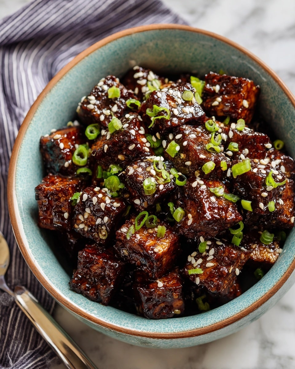 A bowl filled with small, square pieces of dark brown glazed tofu, covered with white sesame seeds and sprinkled with chopped green onions on top. The bowl is a textured, light blue ceramic with a brown rim, placed on a white marbled surface. Next to the bowl is a striped gray and white cloth and a spoon with a shiny metal handle. Photo taken with an iphone --ar 4:5 --v 7