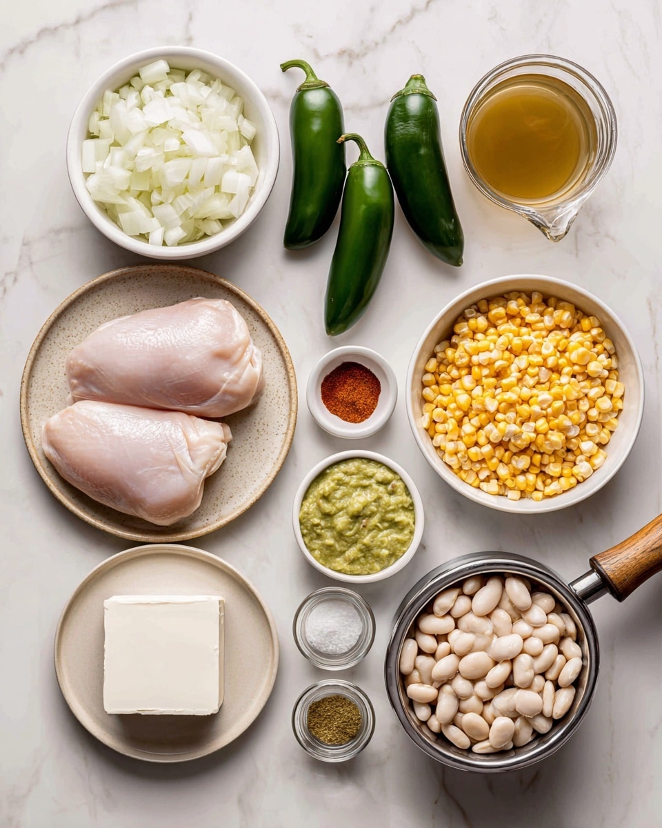 The image shows several ingredients laid out on a white marbled texture, labeled clearly with text and arrows. In the top left, a white bowl is filled with chopped white onions. Below that are four dark green poblano peppers. Near the center bottom, a beige plate holds two pieces of raw chicken with a pale pink color. To the left of the chicken is a smaller beige plate with a block of white cream cheese. At the bottom right, a white bowl contains white beans that are half mashed, showing a mix of whole beans and soft mashed parts. Near the top right, a metal strainer with a wooden handle is filled with bright yellow corn kernels. Above the corn, there is a glass measuring cup filled with light brown stock and next to it is a small glass container of light green guacamole salsa. At the top center, four small silver bowls hold different spices seen in red, green, beige, and white colors. The overall setup is neat, with layers of textures and colors well spaced out. Photo taken with an iphone --ar 4:5 --v 7