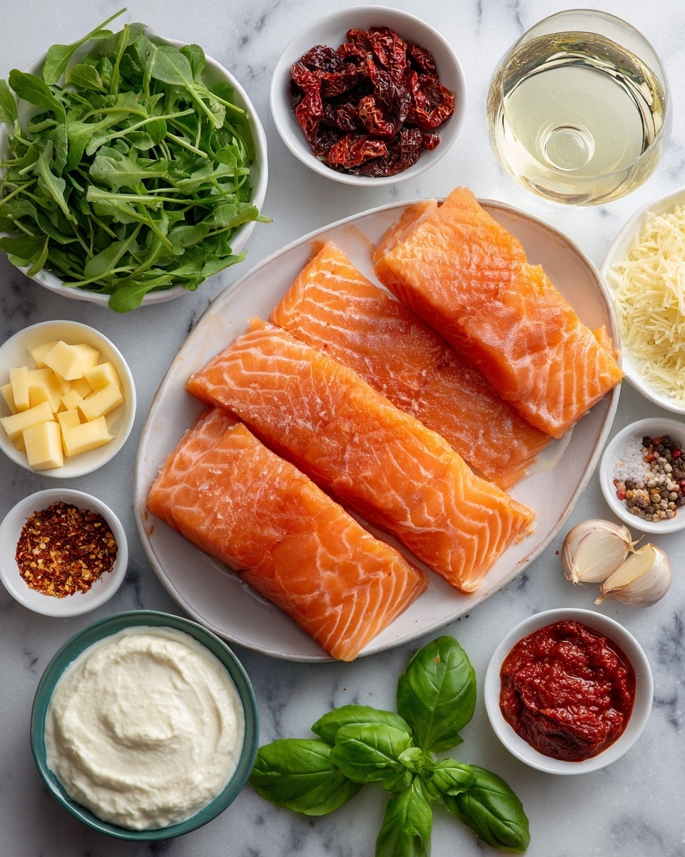 The image shows an assortment of fresh ingredients placed on a white marbled surface. At the center, there is a large silver oval plate holding four bright orange-pink salmon fillets stacked with their smooth texture visible. Around the salmon, there are small white bowls containing deep red sun-dried tomatoes in oil, two pale yellow butter cubes, bright red tomato paste, and a mix of red pepper flakes and dried green oregano. A white plate holds vibrant green watercress bunches with rounded leaves. Other items include a small bowl of light beige grated parmesan, two garlic cloves next to a shallow white dish of golden oil, and a glass filled with white coconut milk. There is also a pair of whole shallots with light brown skin, dark green basil leaves, and a dark green bowl with creamy white mascarpone. The items are neatly arranged, creating a colorful and fresh visual of ingredients used for cooking. photo taken with an iphone --ar 4:5 --v 7