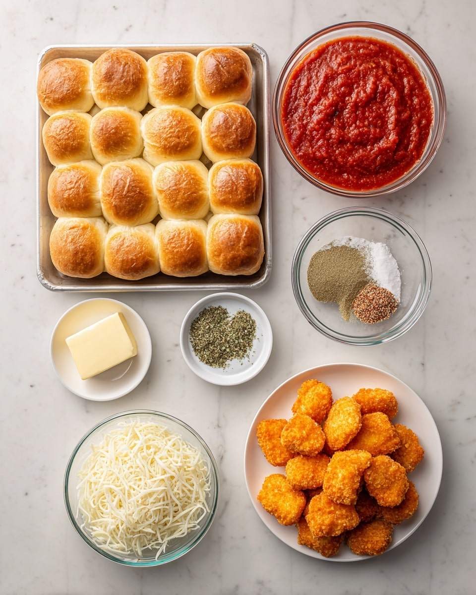 The image shows a white box filled with 12 golden-brown Hawaiian rolls arranged in three rows of four, placed on a white marbled surface. To the right, there is a clear round bowl filled with bright red marinara sauce, smooth with some texture on top. Below the sauce, three small white bowls contain light brown garlic powder, mixed green Italian seasoning, and fine white Parmesan cheese. A stick of pale yellow butter with blue and white wrapping lies on the marbled surface near the bowls. In the bottom right corner, a white plate is stacked with golden brown chicken nuggets, slightly crispy in texture. Next to the butter, a clear glass bowl is heaped with white mozzarella strands photo taken with an iphone --ar 4:5 --v 7