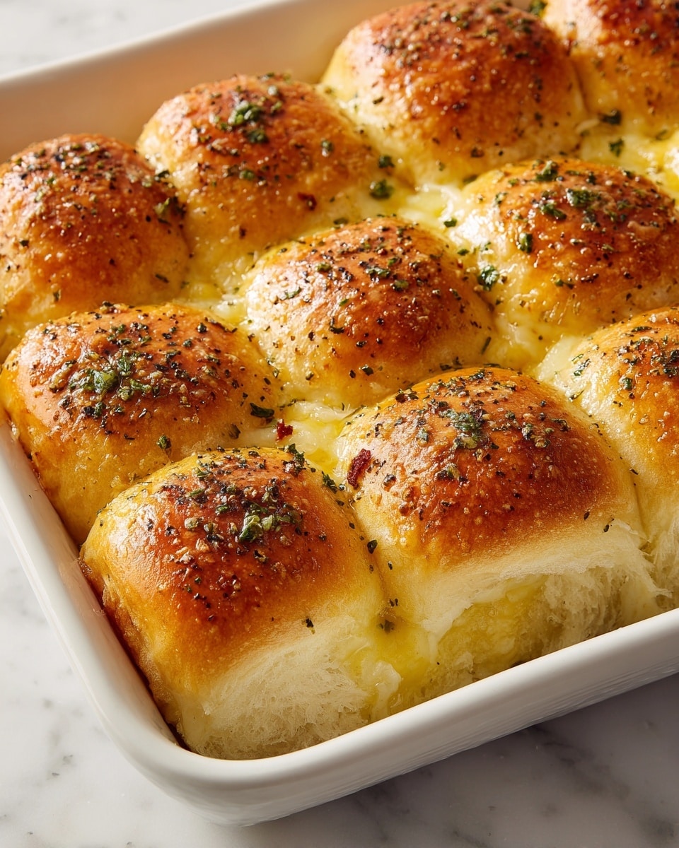 A close-up view of nine soft golden brown slider buns arranged in a 3x3 pattern inside a white baking dish. The shiny tops of the buns are sprinkled with small bits of green herbs and coarse black pepper, showing a lightly oily texture. The buns are slightly pulled apart, revealing a filling of melted light yellow cheese and bits of diced reddish meat inside, peeking through the gaps. The white baking dish sits on a white marbled surface. photo taken with an iphone --ar 4:5 --v 7