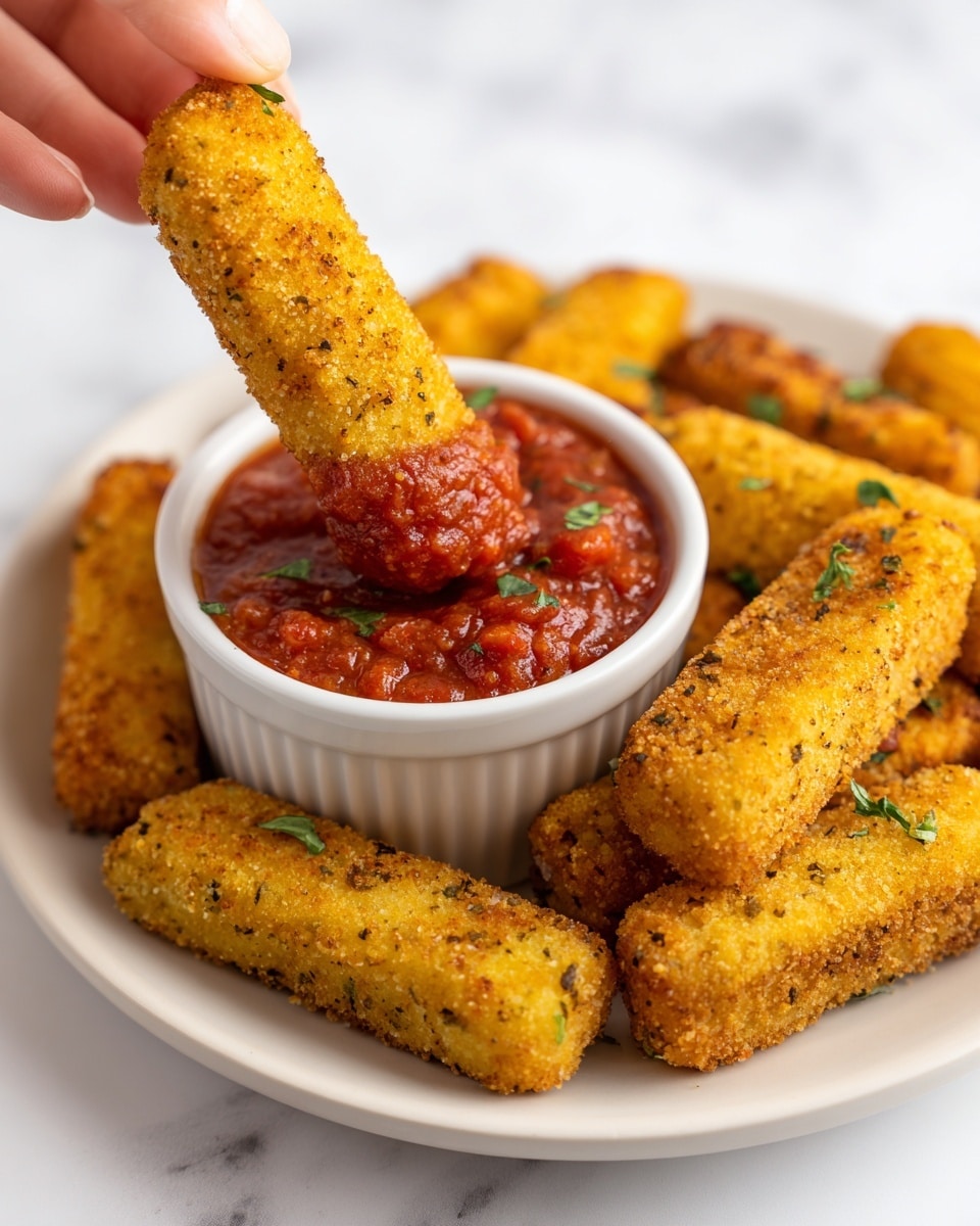 A close-up image shows a woman's hand holding a golden brown, crispy breaded stick which is dipping into a small white ramekin filled with chunky red salsa. In the background, several more breaded sticks are arranged on a white plate atop a white marbled surface. The breaded sticks have a rough, crunchy texture and a warm yellowish-brown color. The salsa appears vibrant with visible bits of tomato and spices. Photo taken with an iphone --ar 4:5 --v 7