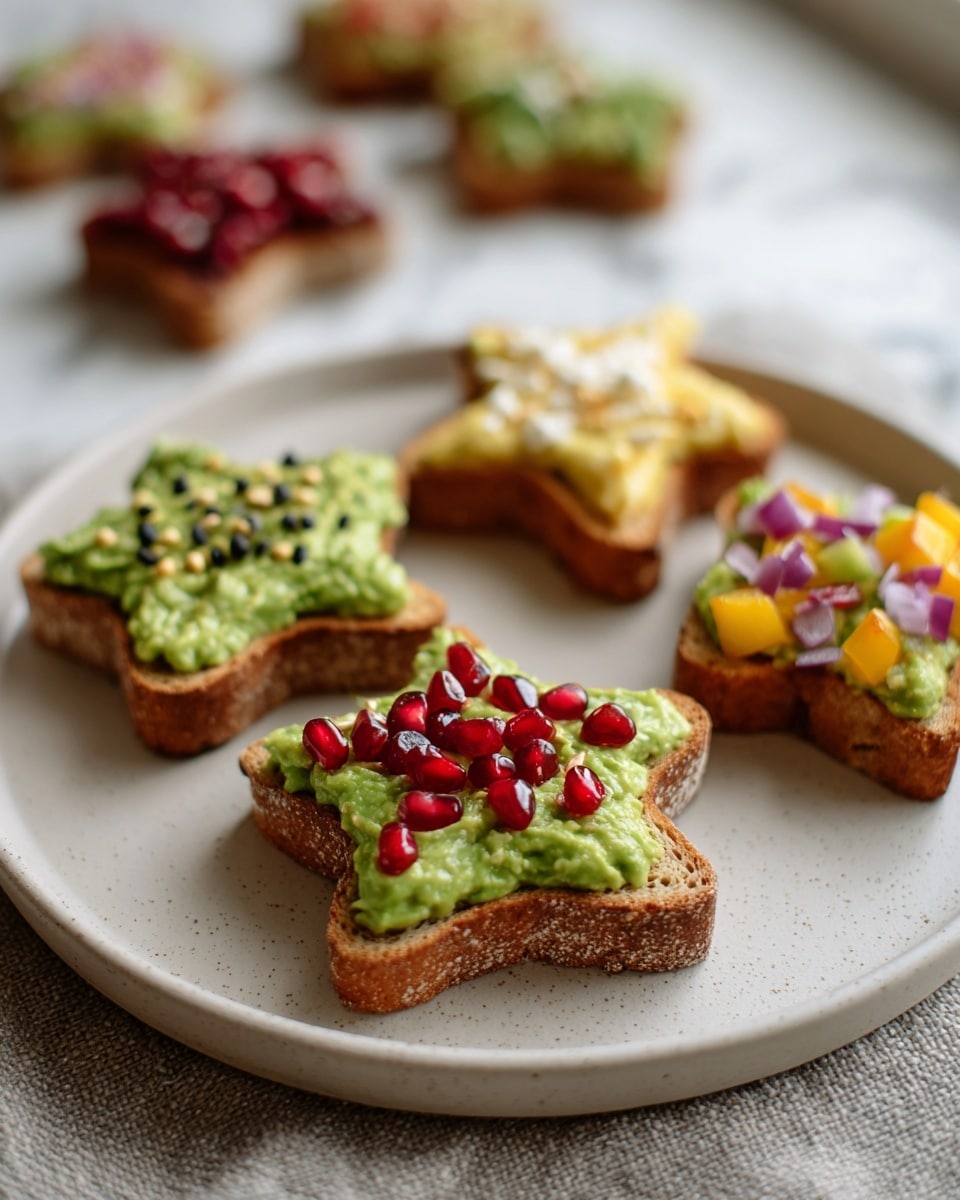 The image shows four small open-faced toasts on a round white plate placed on a light gray woven cloth on a white marbled surface. Each toast has a thick round or star shape layer of light brown bread as the base. The first toast has a smooth, bright green smashed avocado spread topped with small black, white, and golden seeds. The second toast has the same green spread topped with small white cheese bits and bright red pomegranate seeds. The third toast, shaped like a star, has the green spread topped with diced red, yellow, and purple vegetables. The fourth toast also has green spread and similar toppings with red and white bits. In the background on the white marbled surface, more similar toasts are visible but blurred. photo taken with an iphone --ar 4:5 --v 7