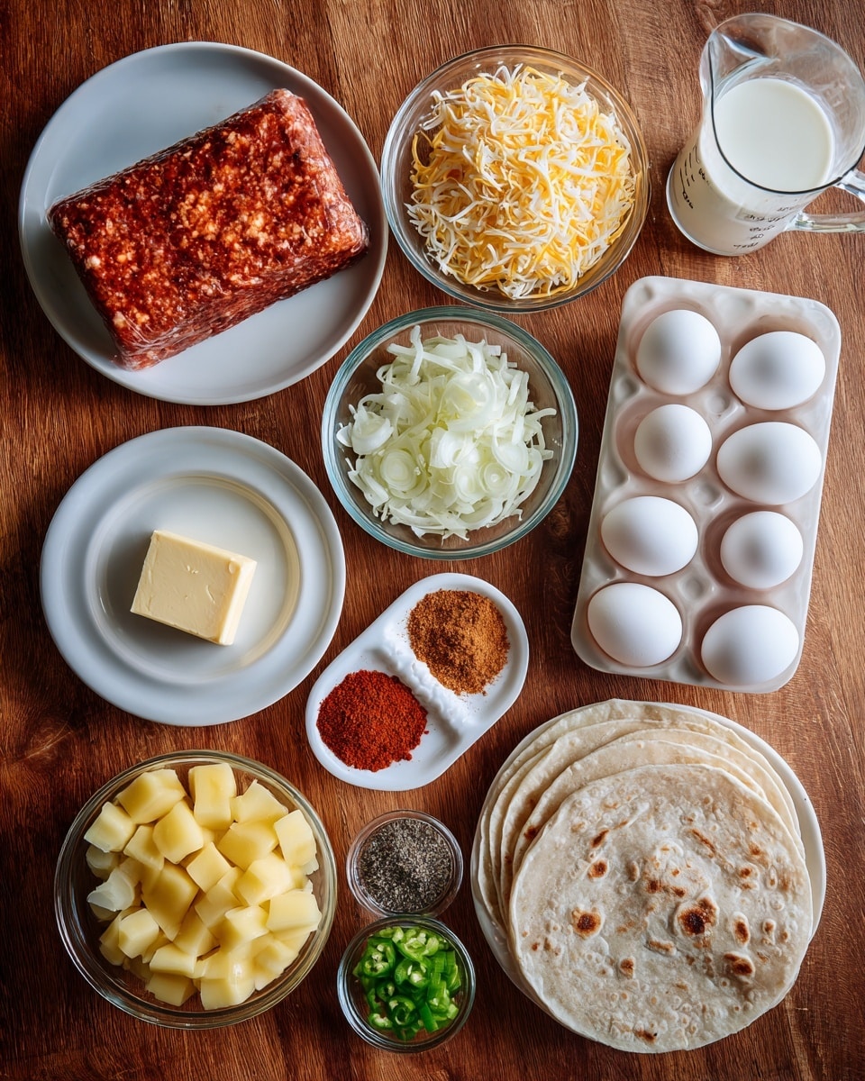 The image shows a wooden table with different cooking ingredients arranged neatly. On the left, a white plate holds a thick, rectangular block of reddish meat mixed with spices, next to a small white plate with a square of butter. Above, a clear glass bowl contains shredded yellow and white cheese, and next to it is another clear bowl filled with chopped white onions. A glass measuring cup with milk stands at the top right, and below it is a small bowl of sour cream. Six white eggs sit in a white egg tray in the middle. To the bottom right, a white plate holds folded soft flour tortillas with a small white dish on top, containing two piles of red and beige powdered spices. Near the bottom, a clear bowl with diced yellow potatoes and a smaller bowl with chopped green bell peppers are placed side by side. A small white dish with black pepper and salt sits near the potatoes. All items are displayed on a wooden table with a white marbled texture. photo taken with an iphone --ar 4:5 --v 7