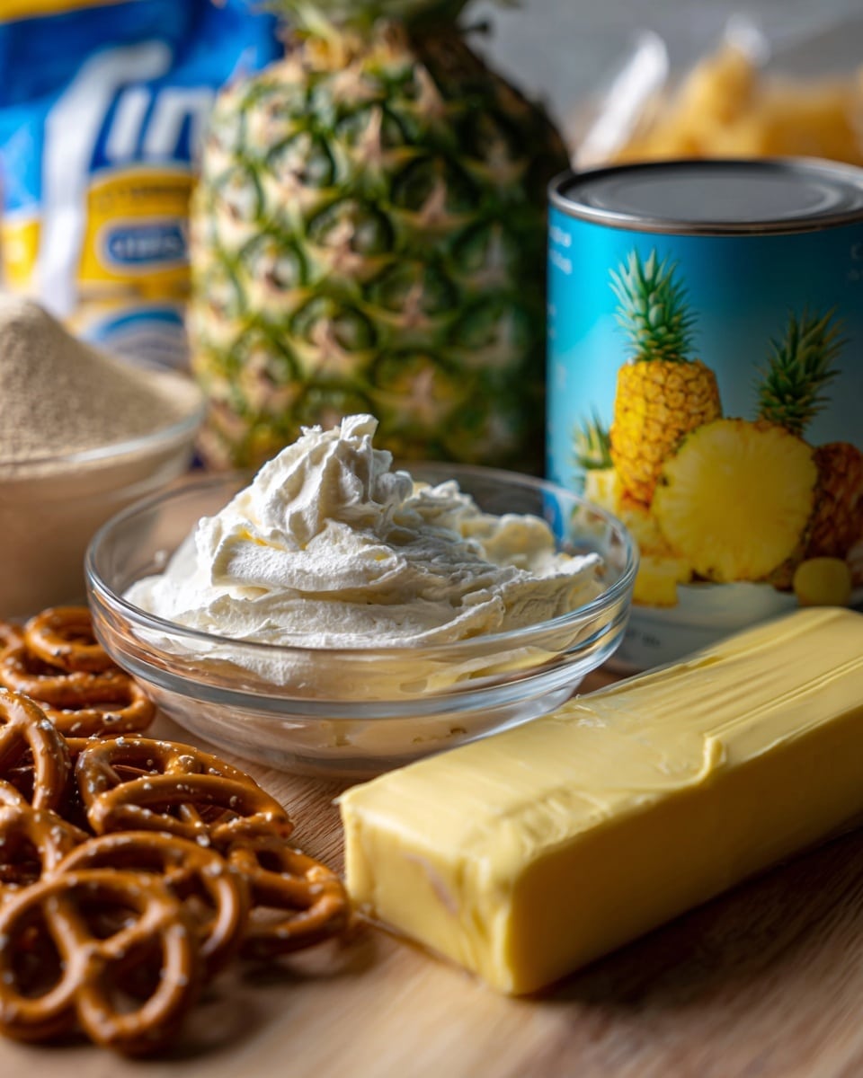 The image shows several baking ingredients arranged closely together on a wooden surface. In the background, there is a whole pineapple with green and yellow skin, standing upright. A blue can of pineapple chunks with yellow pineapple images. In front of the whipped topping, a stick of yellow butter in a wrapper. On the left side, there is a clear glass bowl filled with light brown sugar, and a partially visible blue bag of pretzels is behind the pineapple can. The scene is bright and detailed with natural colors. Photo taken with an iphone --ar 4:5 --v 7