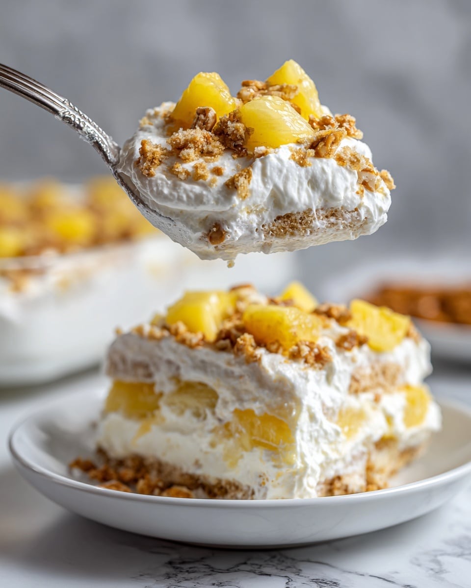 A close-up of a silver spoon lifting a layered dessert with visible layers: a thick layer of white creamy whipped topping, pieces of bright yellow pineapple chunks scattered throughout, and a crunchy topping made of small broken pretzel pieces with a light brown crumbly texture. The background features more of this dessert in a white bowl on a white marbled surface, showing repeating layers of white cream, pineapple bits, and pretzel crumbs. Photo taken with an iphone --ar 4:5 --v 7