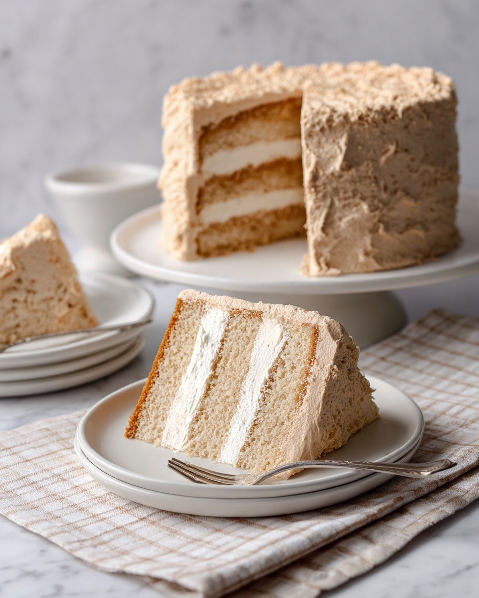 The image shows a round cake with four layers, placed on a white plate on a white marbled surface. The base and two inner layers are light golden brown, with a soft texture. Between these layers and covering the outside is a thick, textured light brown frosting, which looks creamy and slightly whipped. One slice of the cake is served on a smaller white plate in the front, showing the clear separation of the four layers and frosting spread evenly between them. A silver fork is placed to the right of the small plate on the white marbled surface, and a checkered cloth is partly beneath the cake plate. Photo taken with an iphone --ar 4:5 --v 7