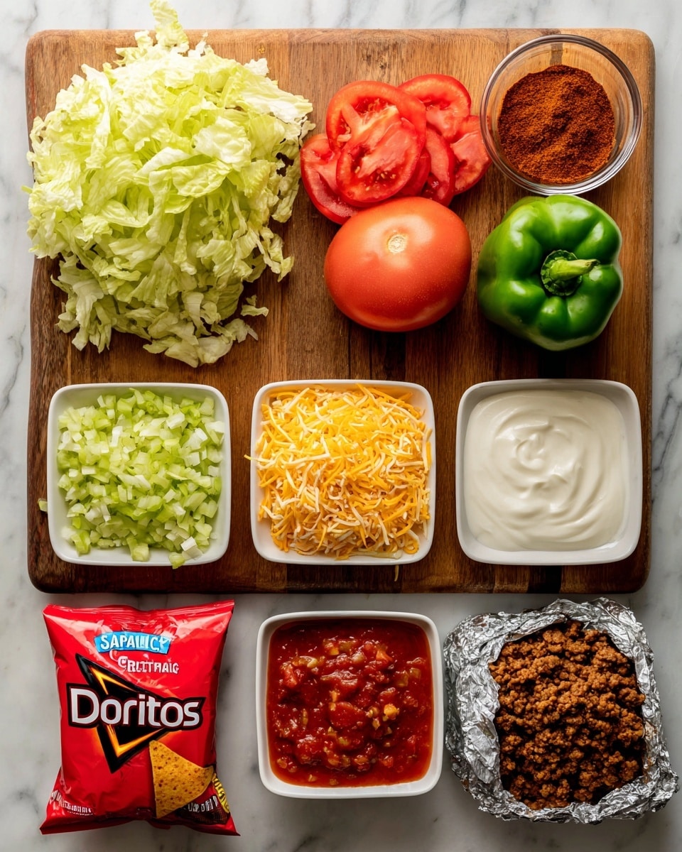 The image shows several cooking ingredients arranged neatly on a wooden cutting board and a white marbled surface. On the board, from left to right, there is a quarter head of lettuce with some loose shredded pieces underneath, a whole round red tomato with chopped tomato pieces below it, a whole green bell pepper with chopped green pepper pieces beside it, and a small clear bowl filled with reddish-brown taco seasoning. Below the board on the marbled surface, three white square dishes are placed side by side containing shredded yellow and white cheese, smooth white sour cream, and chunky red salsa with bits of green pepper. At the bottom, there is a red bag of Doritos Nacho Cheese chips on the left, a box of Spanish rice in the middle, and a wrapped portion of ground beef or turkey on the right. The photo taken with an iphone --ar 4:5 --v 7